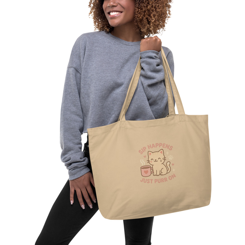 Sip Happens, Just Purr On – Eco Tote Bag (Large)
