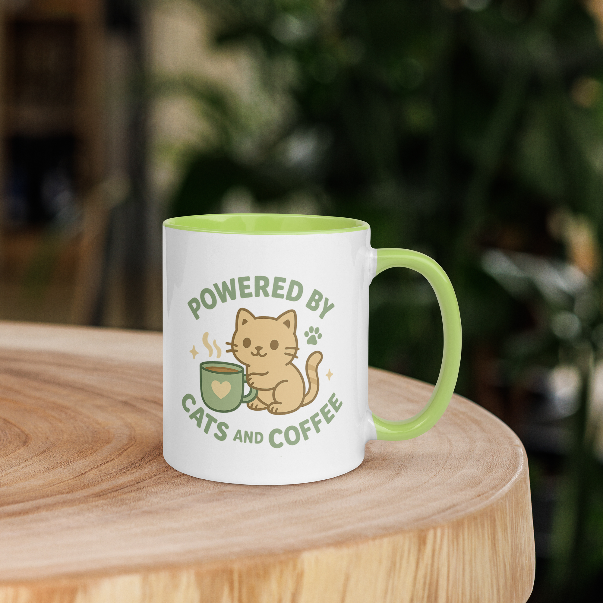 Powered by Cats and Coffee – Cute Cat Mug with Green Accent