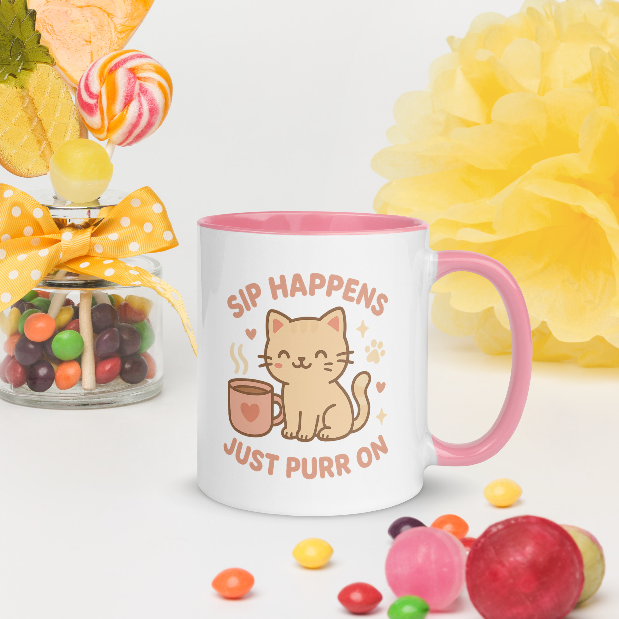 Sip Happens, Just Purr On – Cute Cat Mug with Pink Handle
