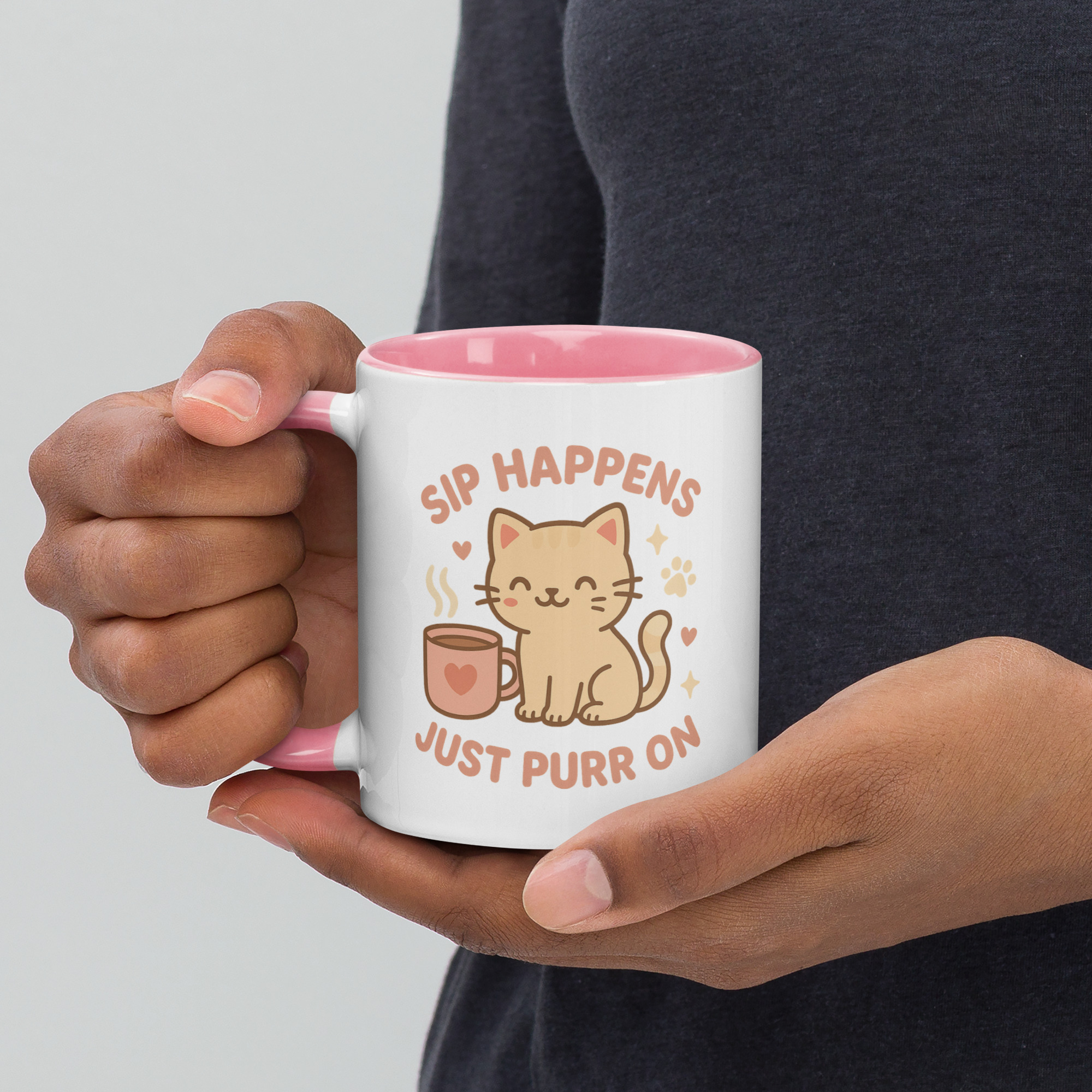 Sip Happens, Just Purr On – Cute Cat Mug with Pink Handle