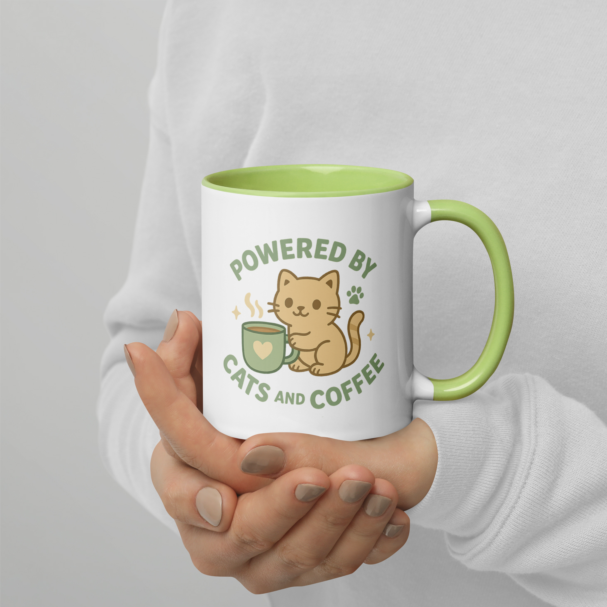 Powered by Cats and Coffee – Cute Cat Mug with Green Accent