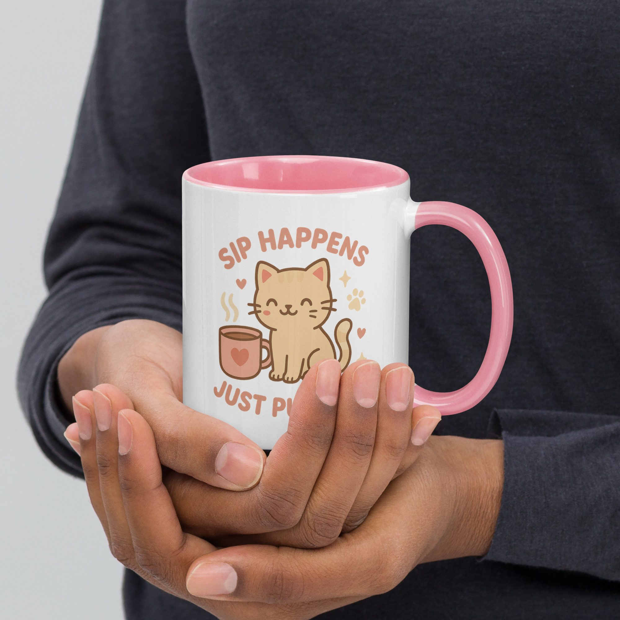 Sip Happens, Just Purr On – Cute Cat Mug with Pink Handle