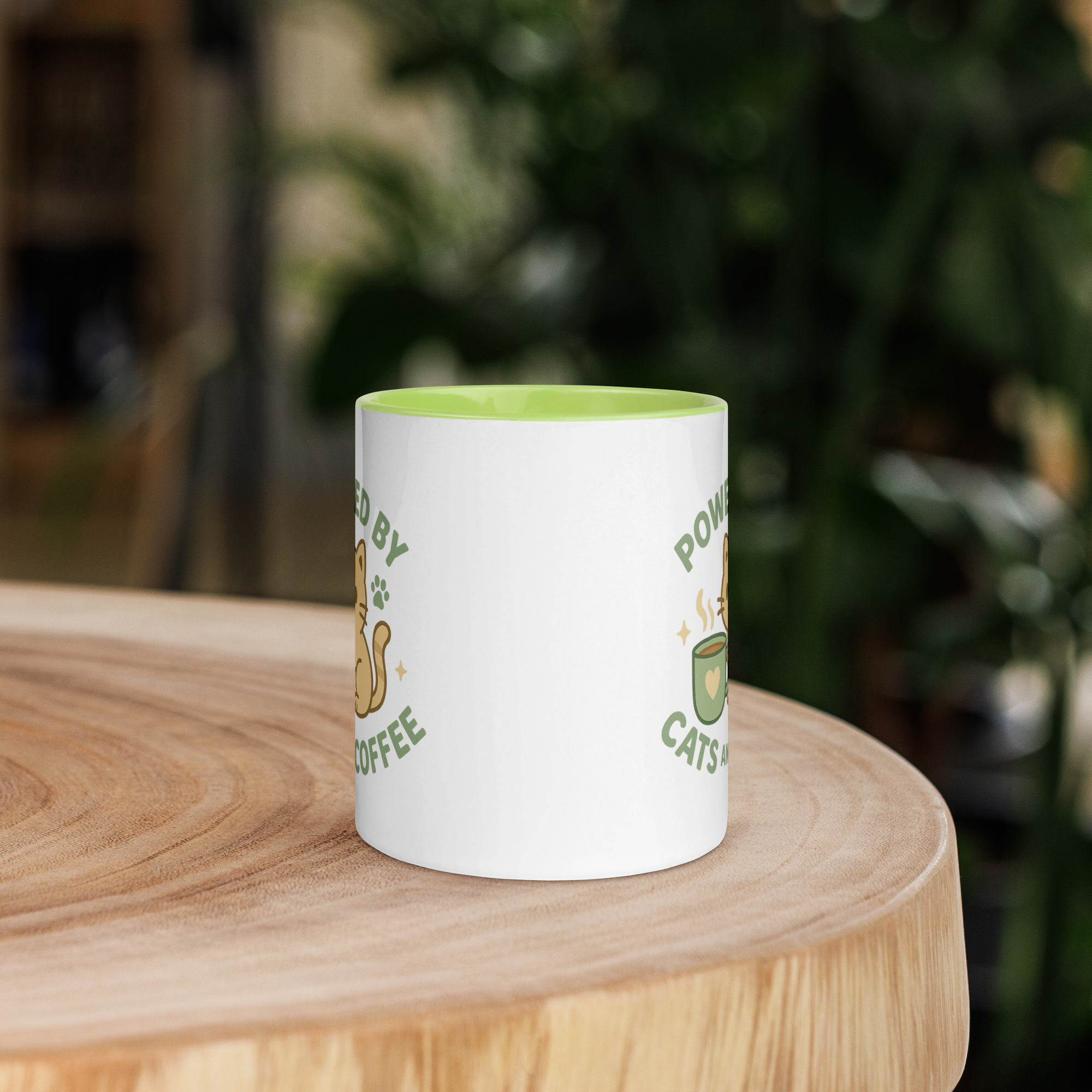 Powered by Cats and Coffee – Cute Cat Mug with Green Accent