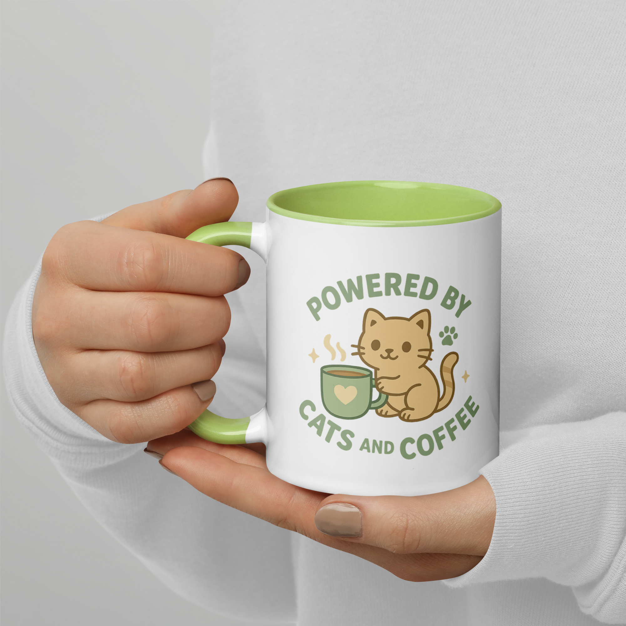 Powered by Cats and Coffee – Cute Cat Mug with Green Accent