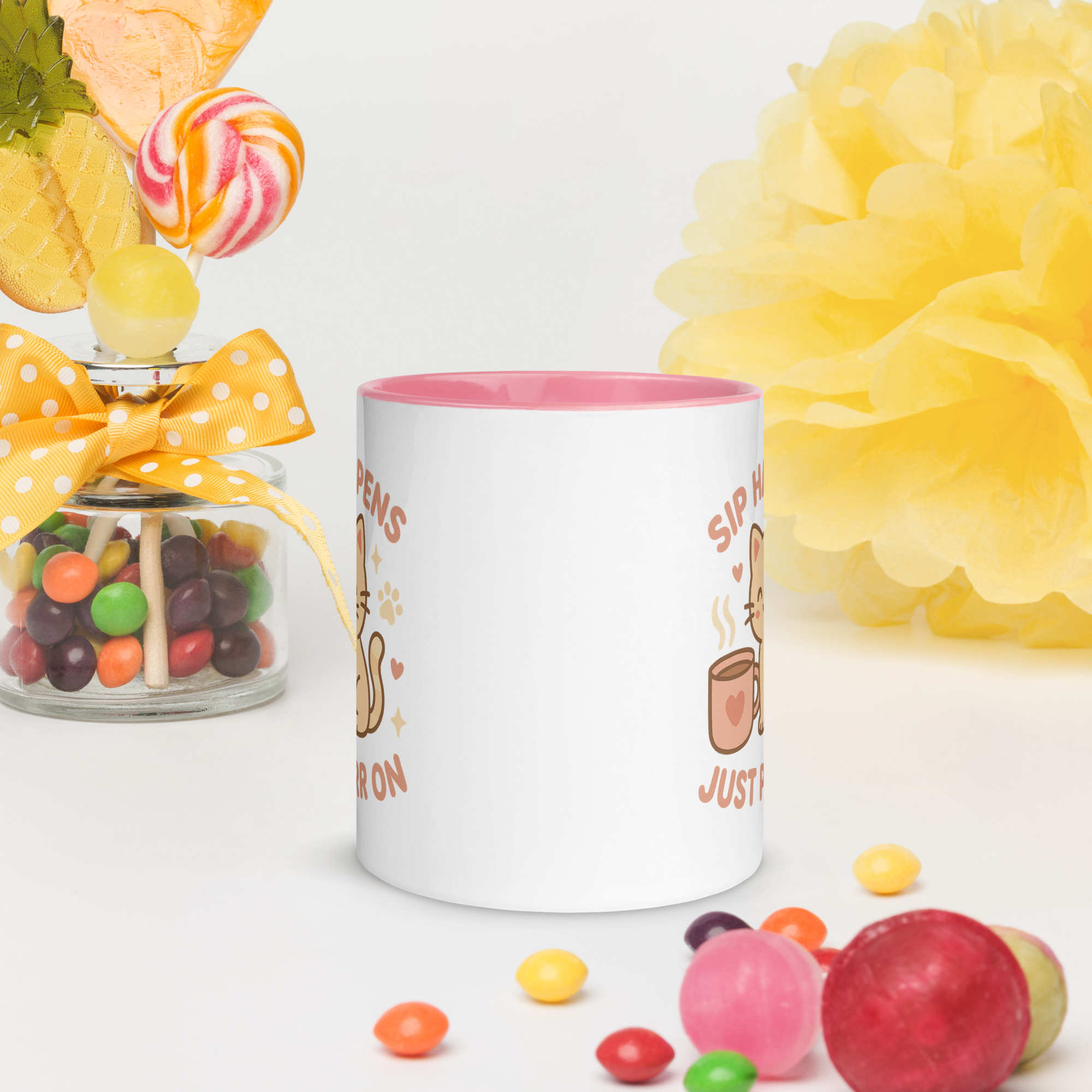 Sip Happens, Just Purr On – Cute Cat Mug with Pink Handle