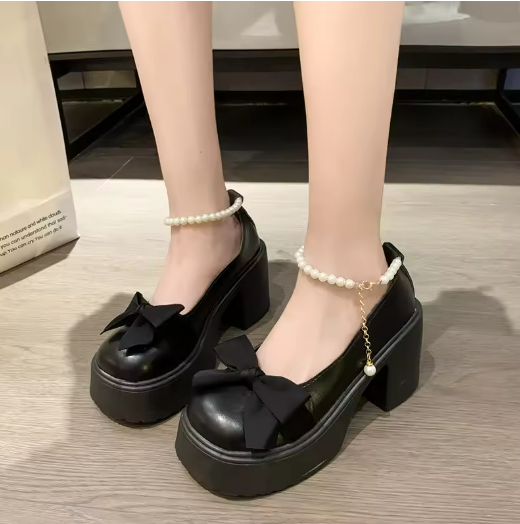 Black Bow Chunky Heel Shoes