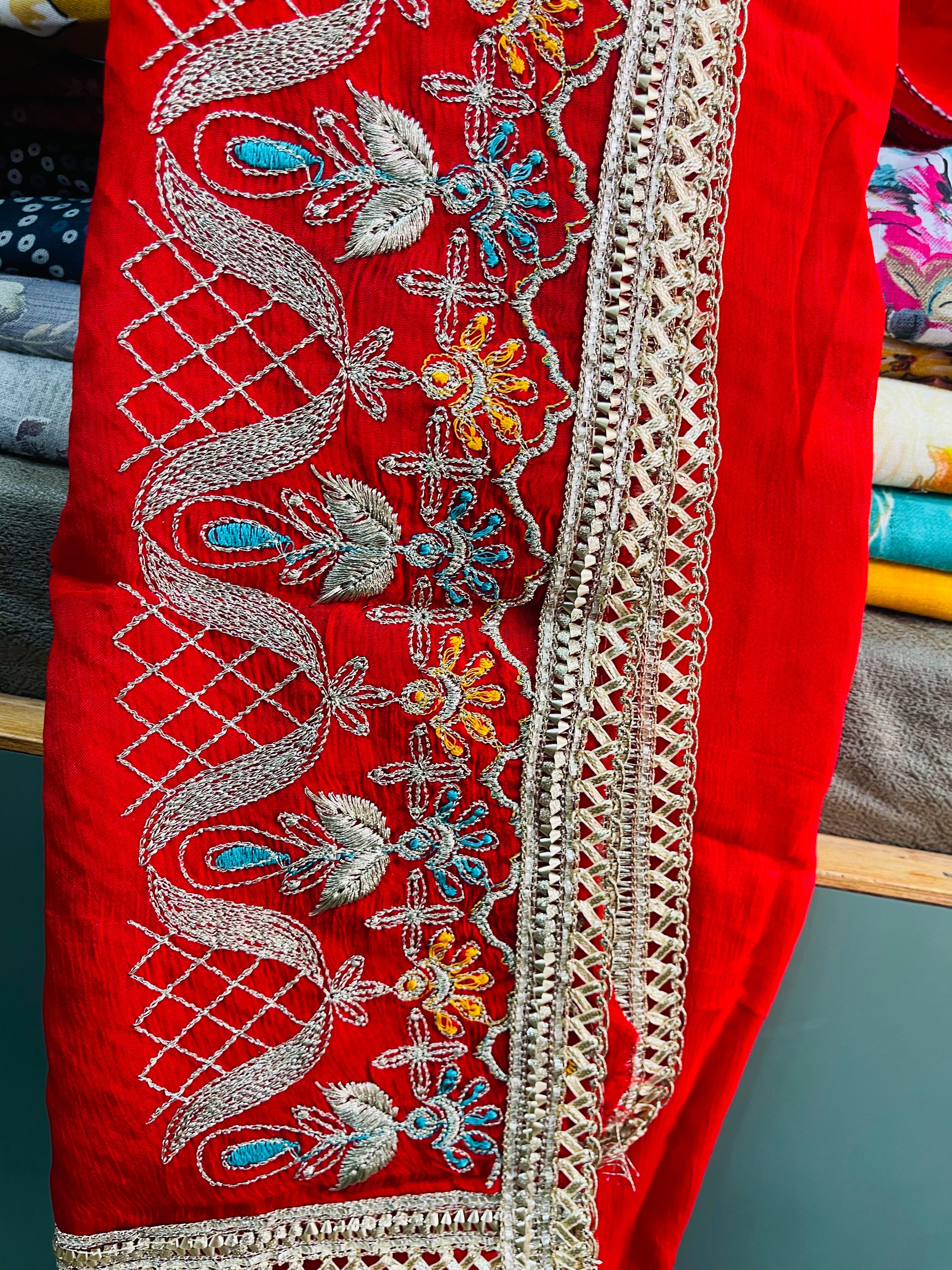  AC123 | Pure Crave || Red || Red Embroidered Dupatta || Hand Work || Machine Work