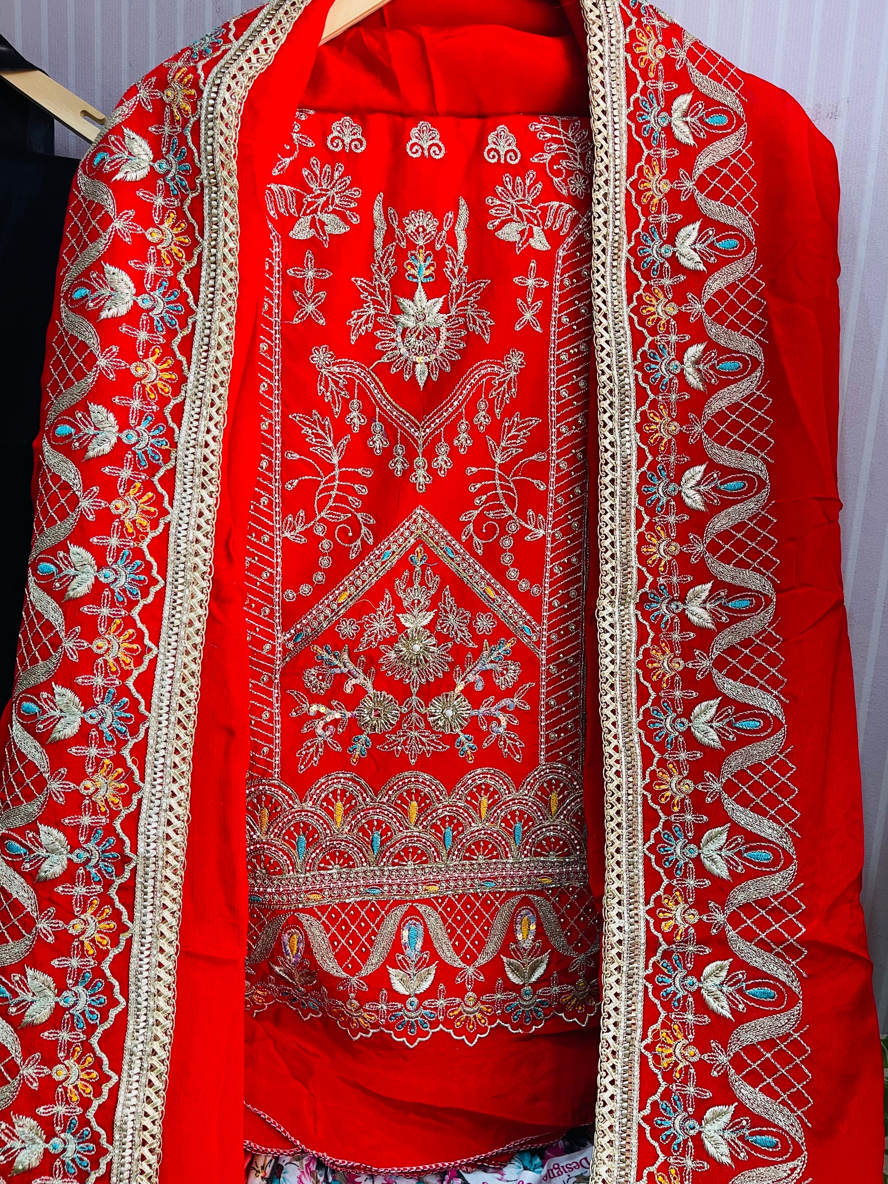  AC123 | Pure Crave || Red || Red Embroidered Dupatta || Hand Work || Machine Work