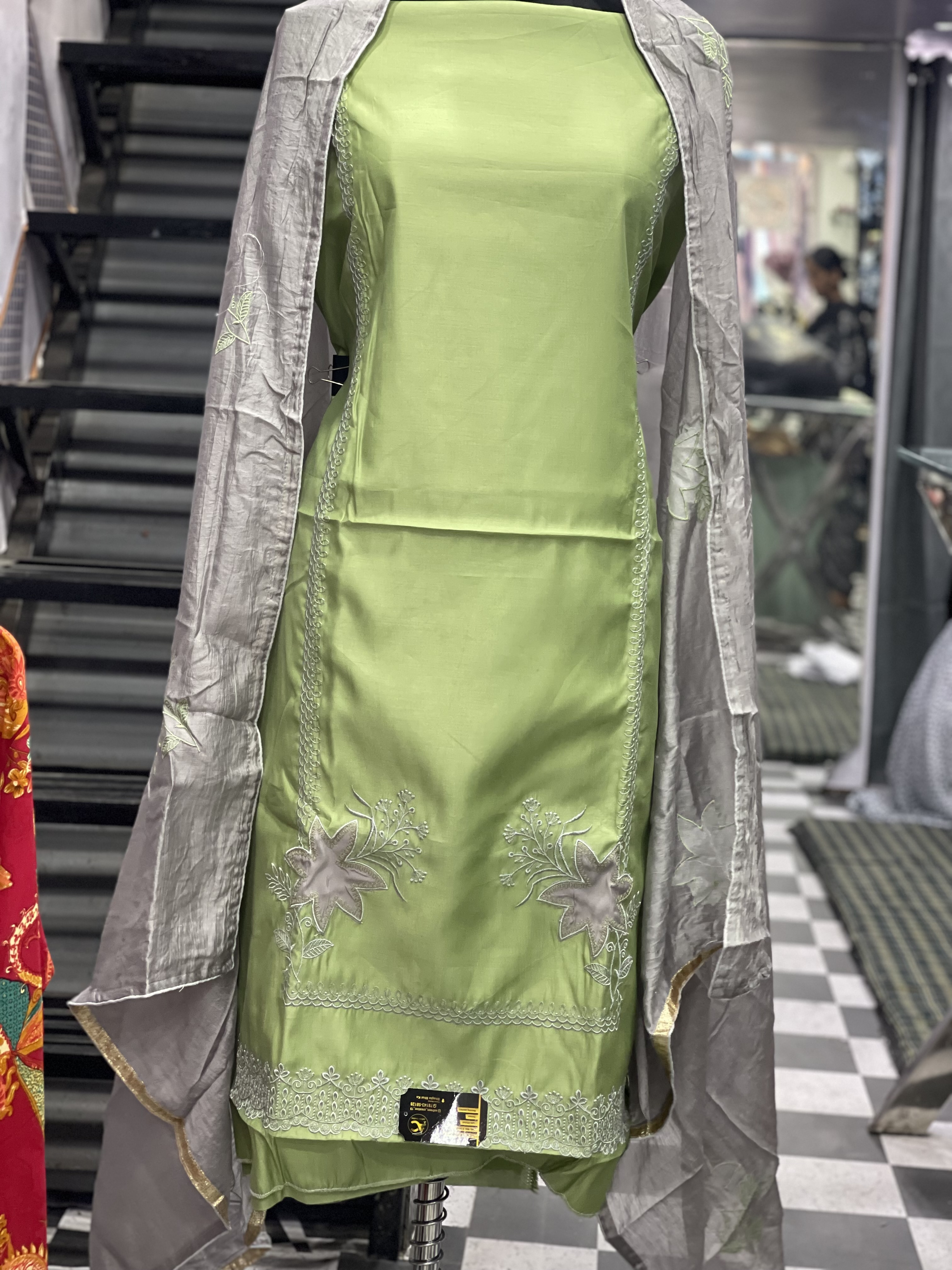 AC069 | Sea Green || Without Lining || Thread+ Pathch Work || Embroidered Green Fabric Set