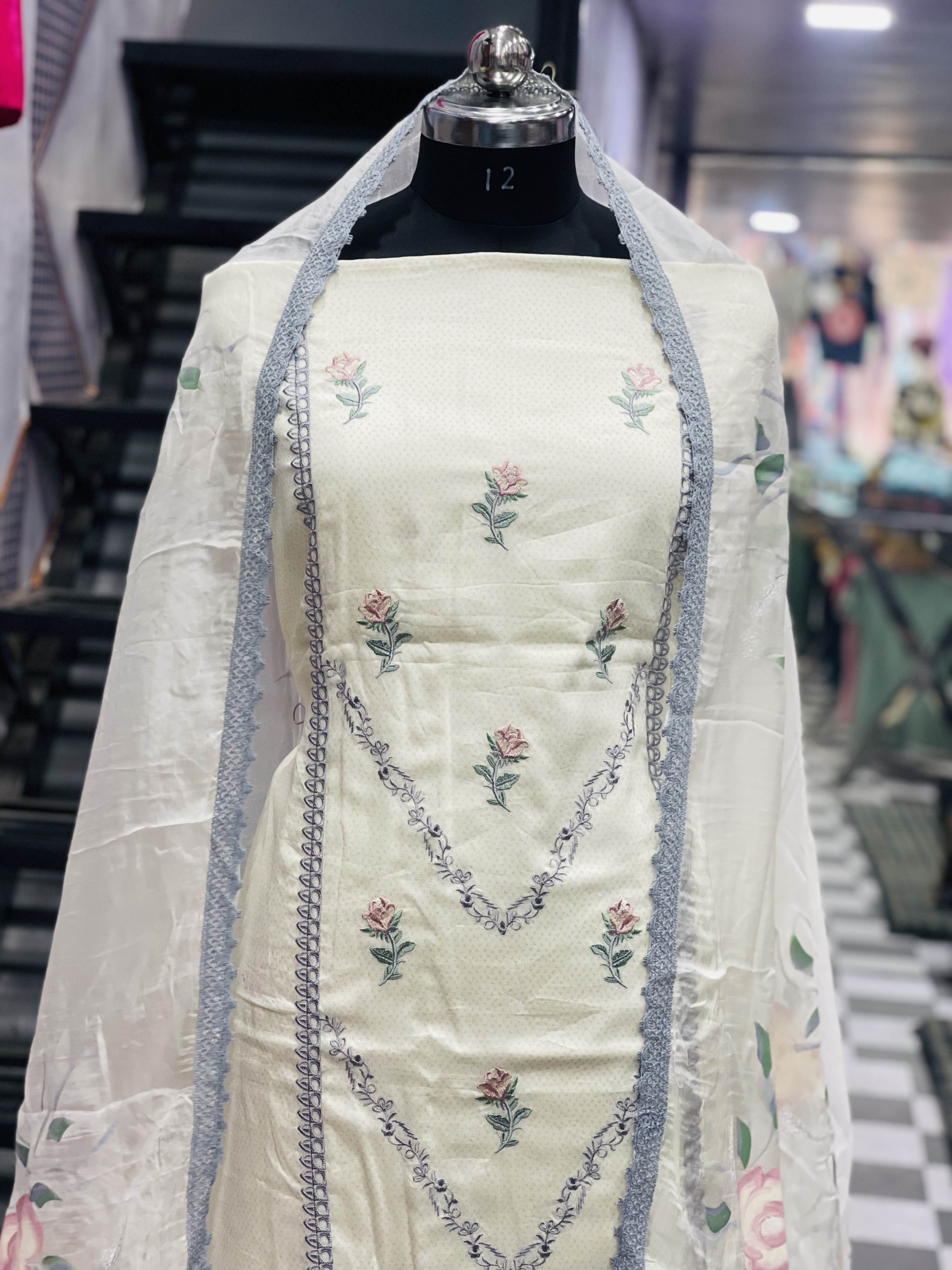  AC097 | Off White & Gray Combiation || Cotton || Elegant Embroidered Salwar Suit