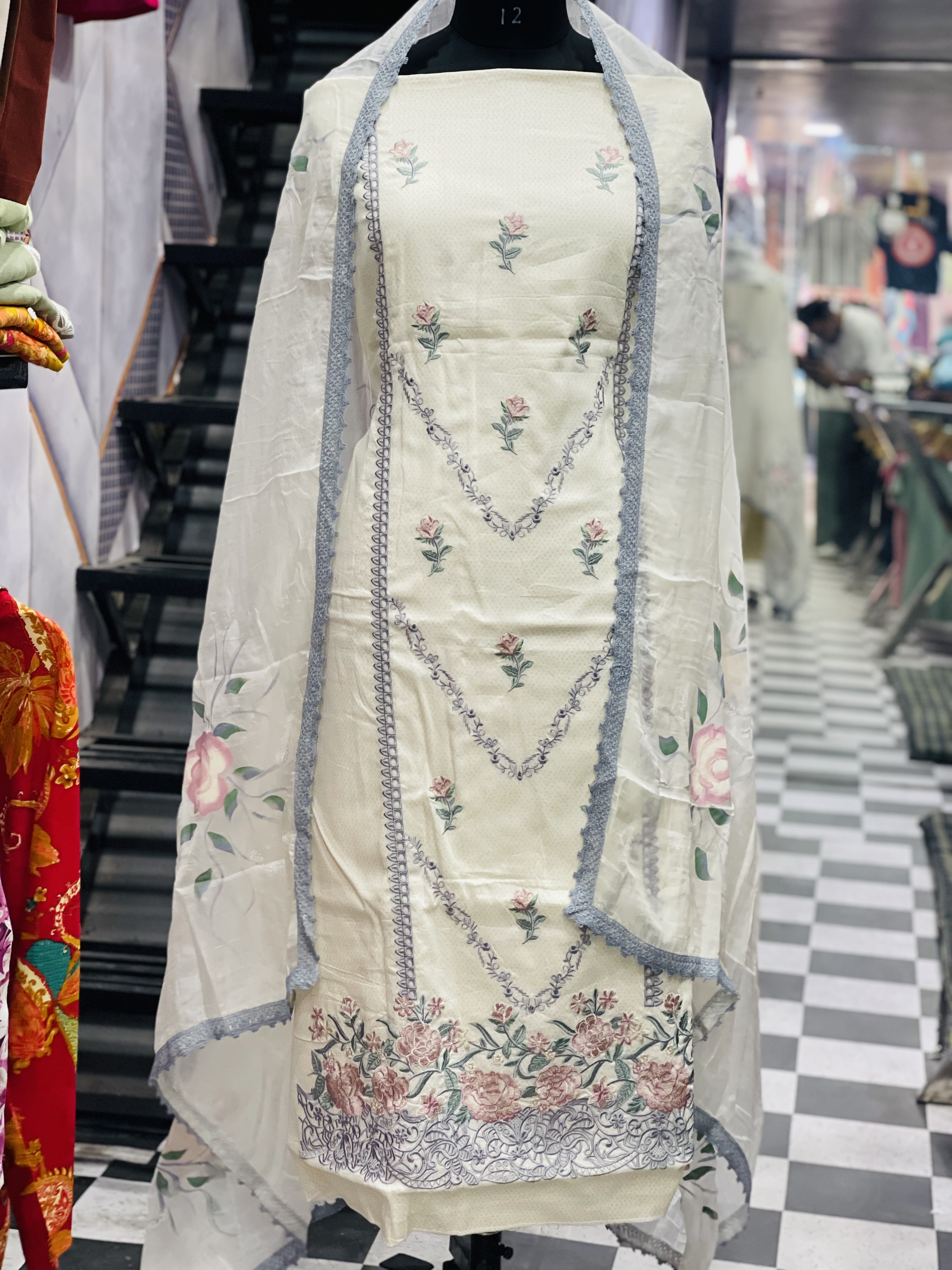 AC097 | Off White & Gray Combiation || Cotton || Elegant Embroidered Salwar Suit