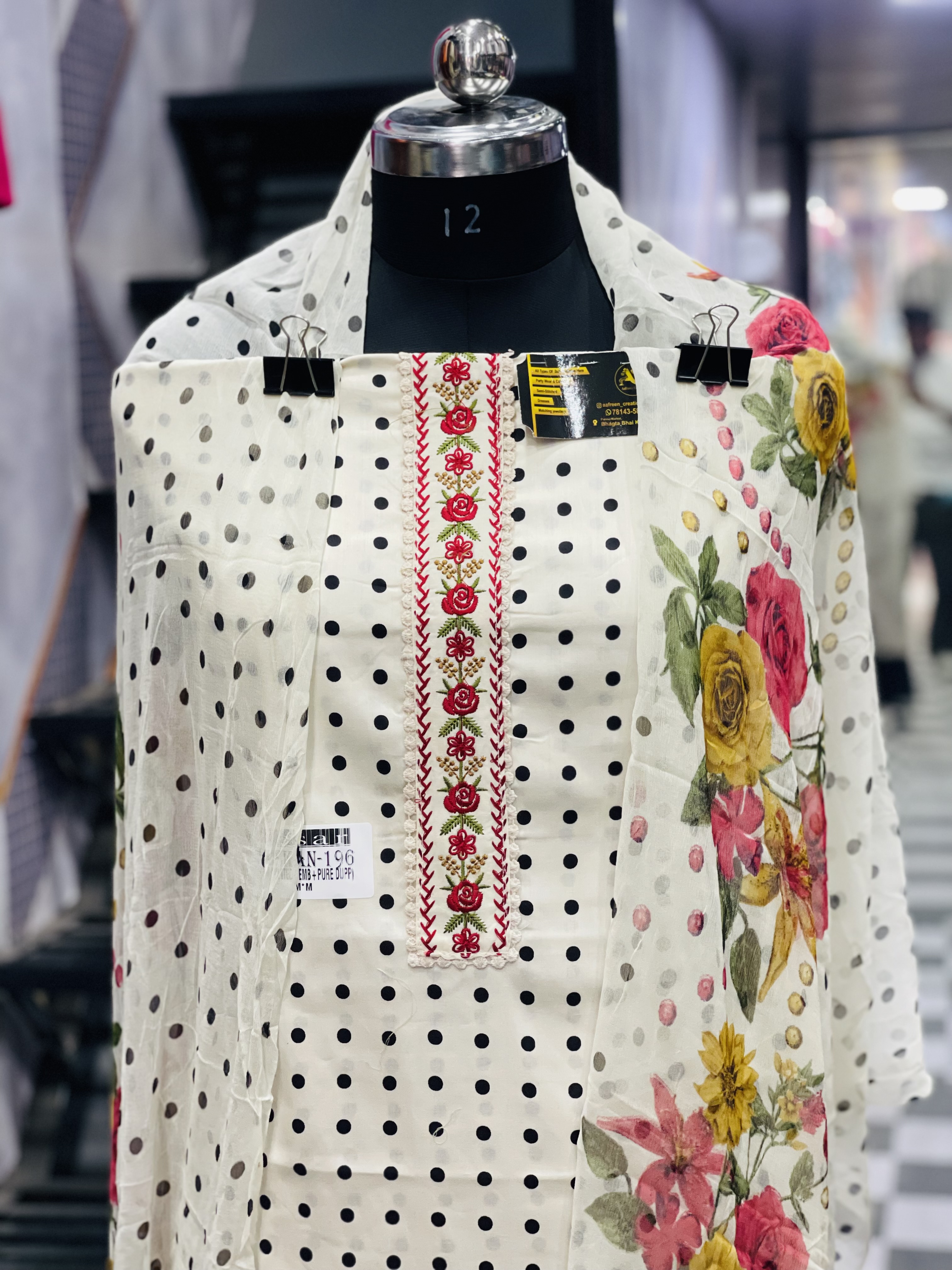  AC057 |  White & Black Combination || Cotton || Digital Dupatta || Elegant Polka Dot Floral Kurti