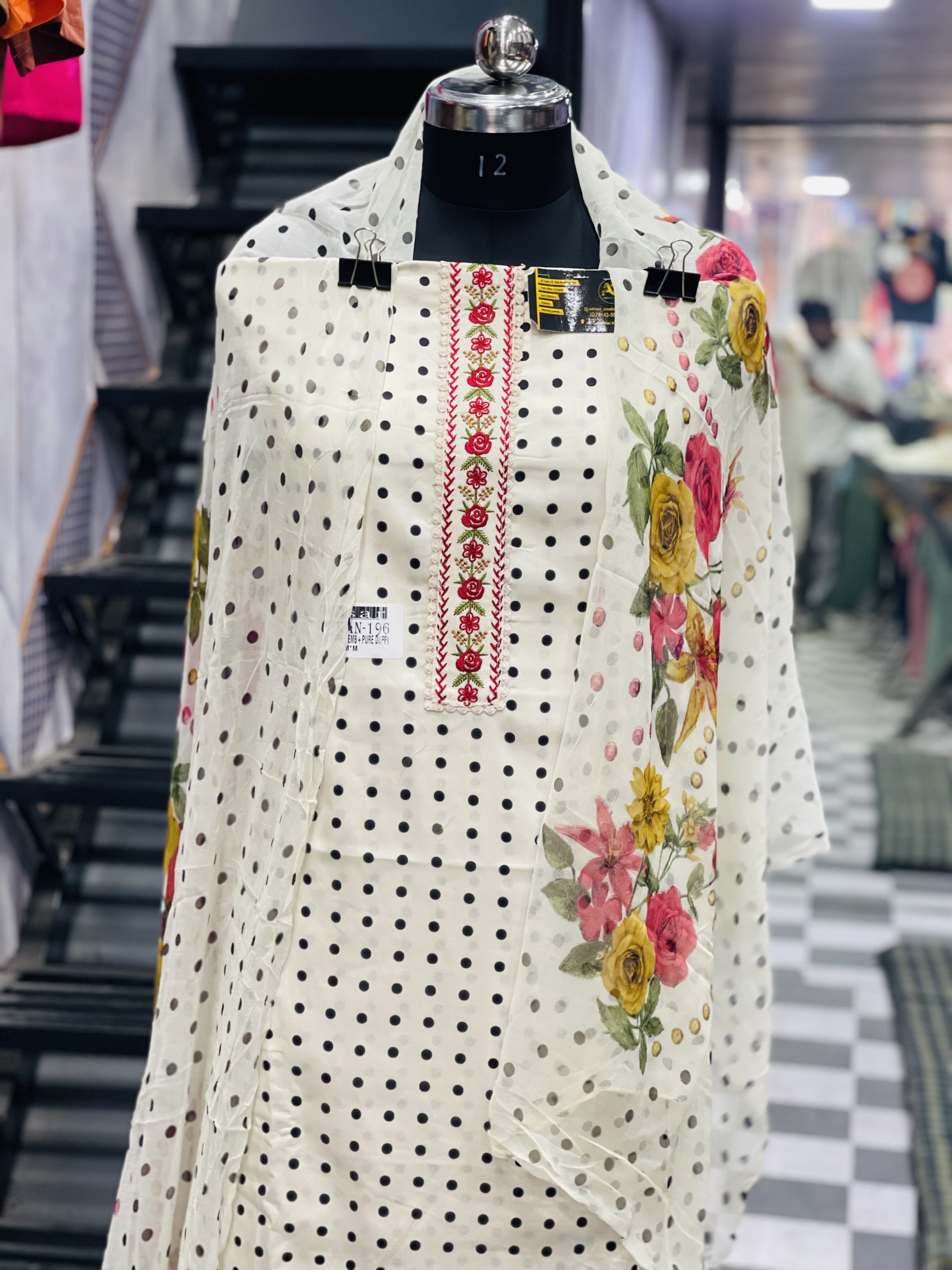  AC057 |  White & Black Combination || Cotton || Digital Dupatta || Elegant Polka Dot Floral Kurti