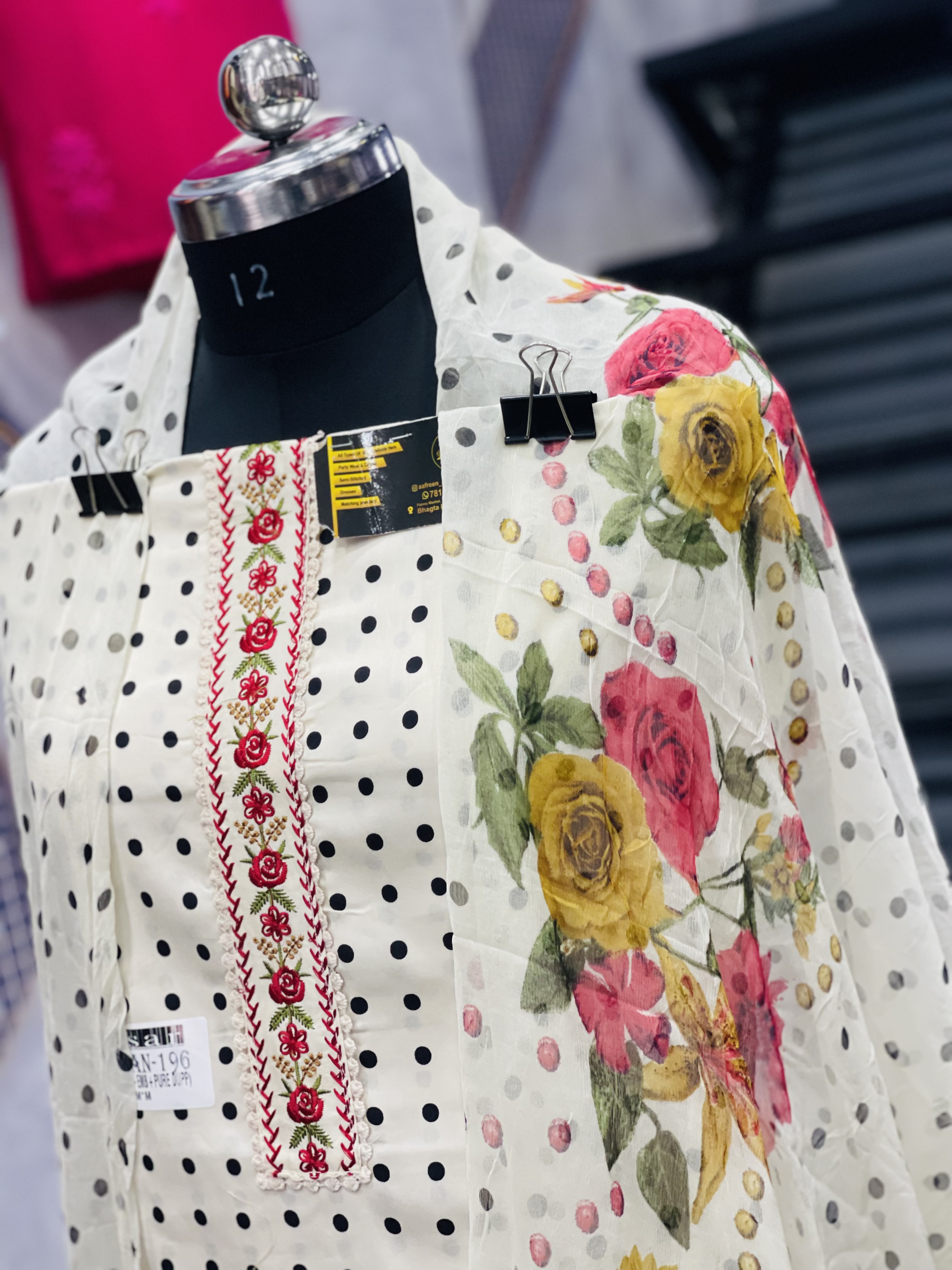 AC057 |  White & Black Combination || Cotton || Digital Dupatta || Elegant Polka Dot Floral Kurti