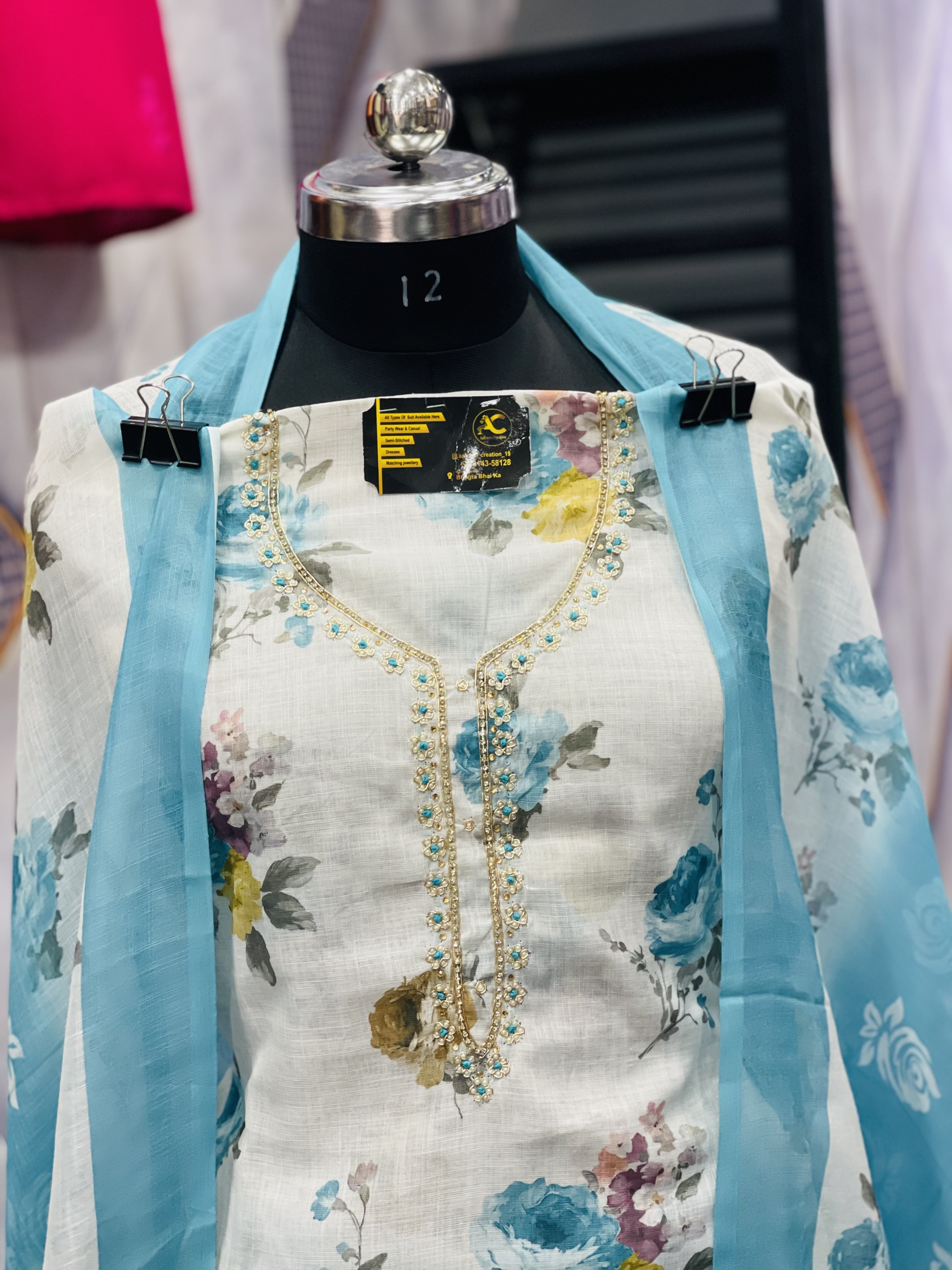  AC054 |  White || Berbuery || With Duppatta || Hand Work || Floral Embroidered Kurti Set