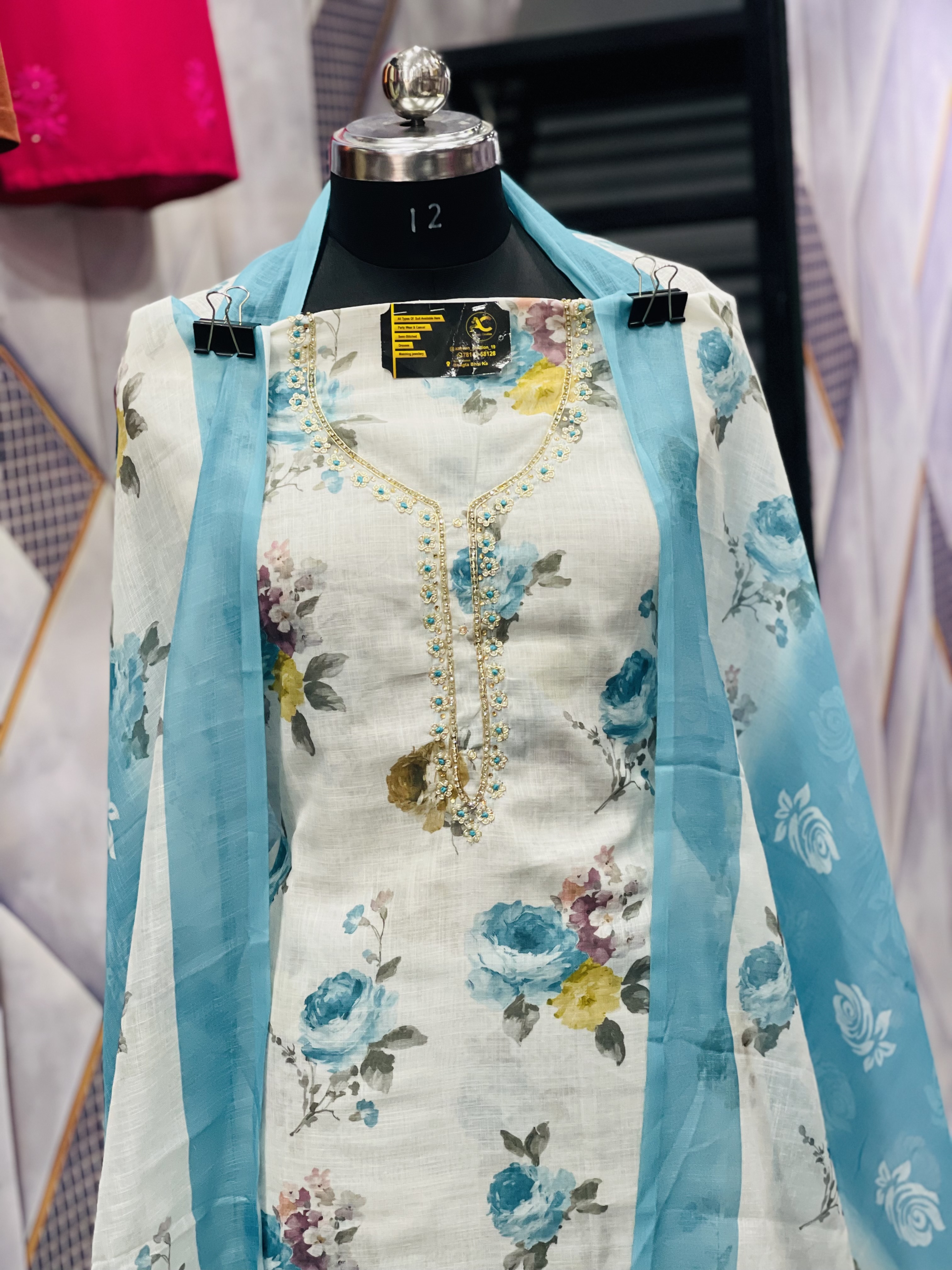  AC054 |  White || Berbuery || With Duppatta || Hand Work || Floral Embroidered Kurti Set