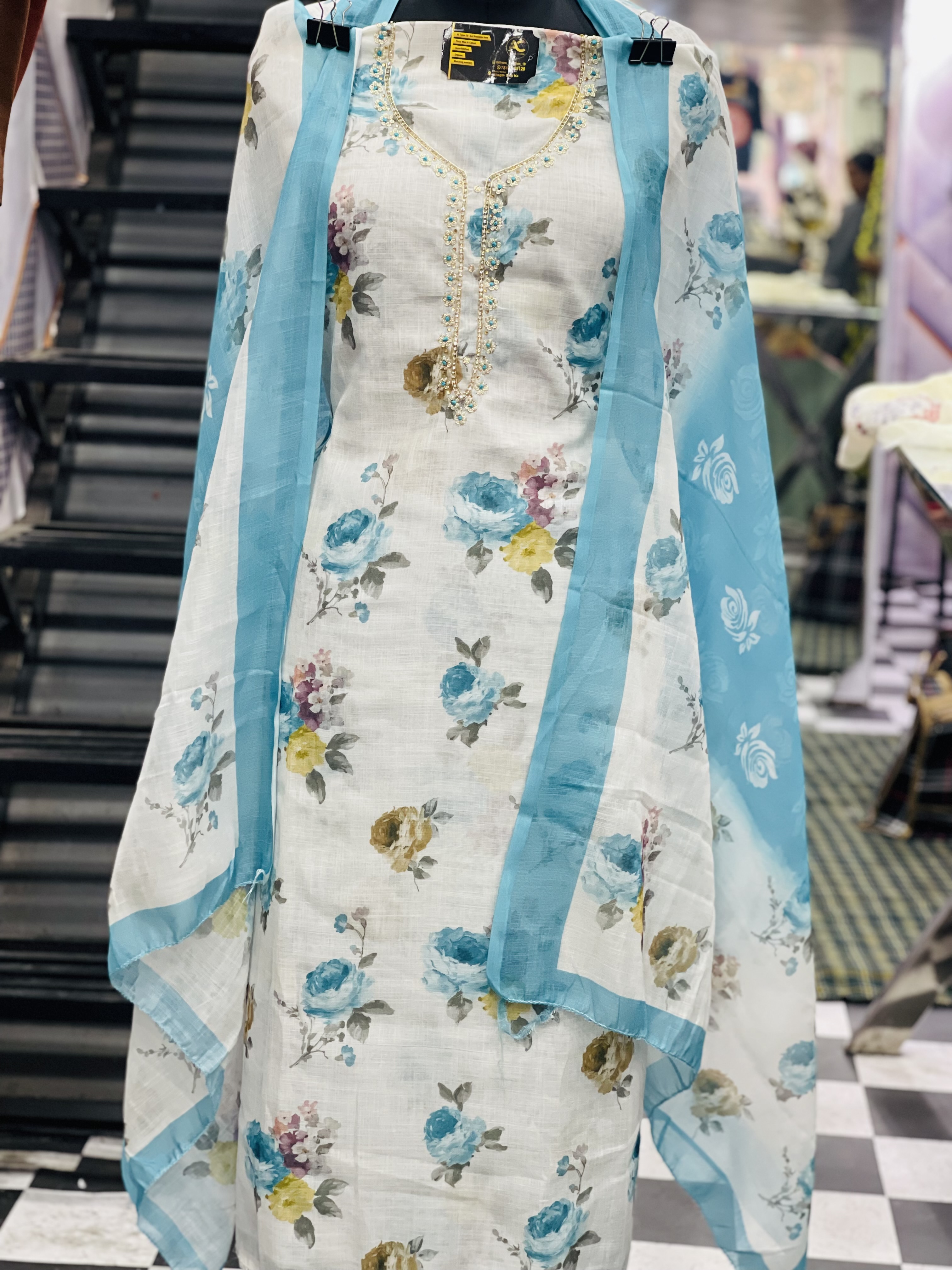  AC054 |  White || Berbuery || With Duppatta || Hand Work || Floral Embroidered Kurti Set