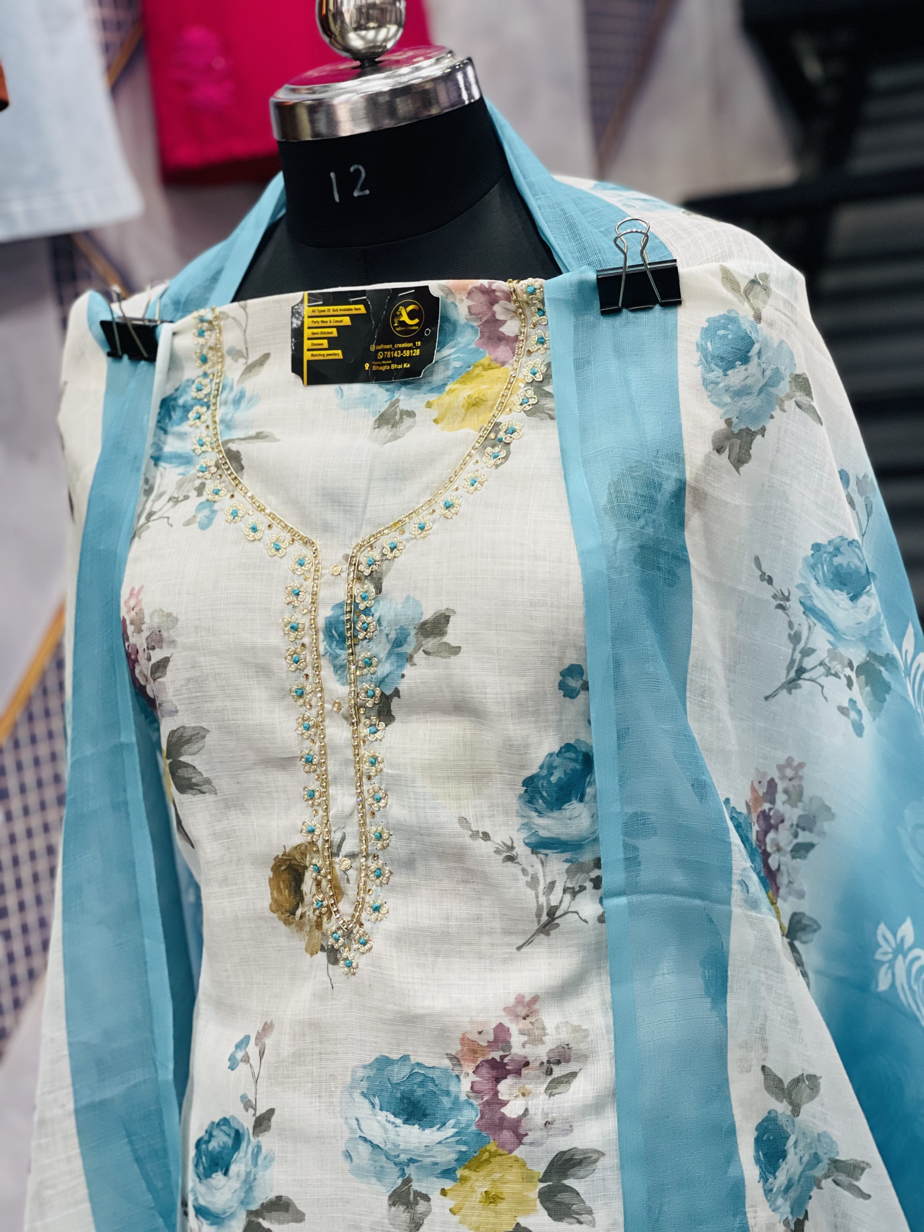  AC054 |  White || Berbuery || With Duppatta || Hand Work || Floral Embroidered Kurti Set