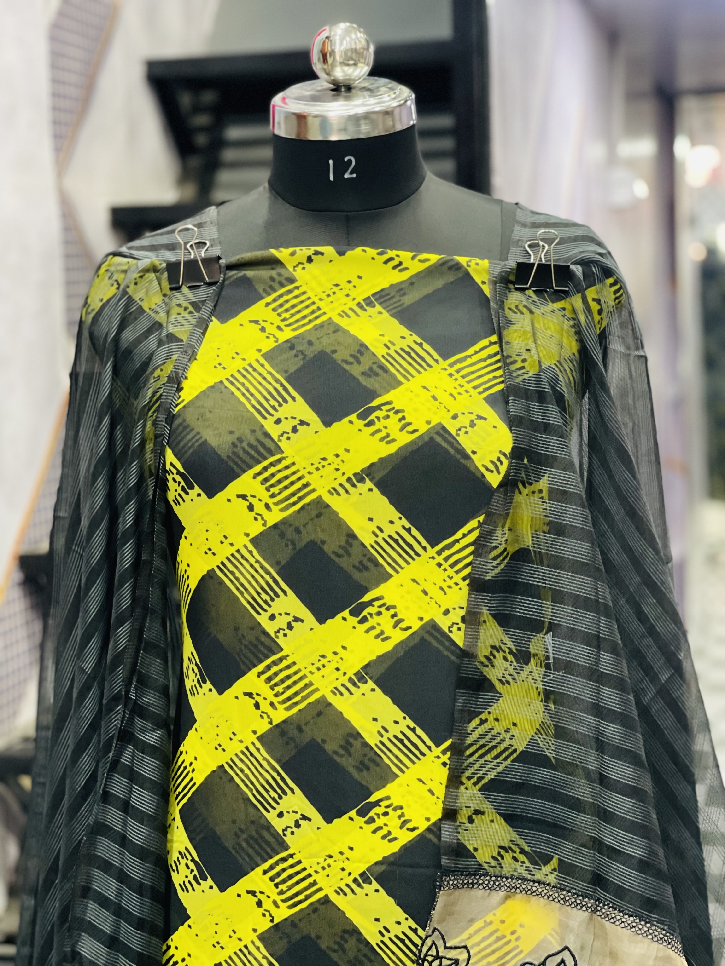 AC066 | Georgette|| Black+mehndi || Modern Yellow Checkered Dress