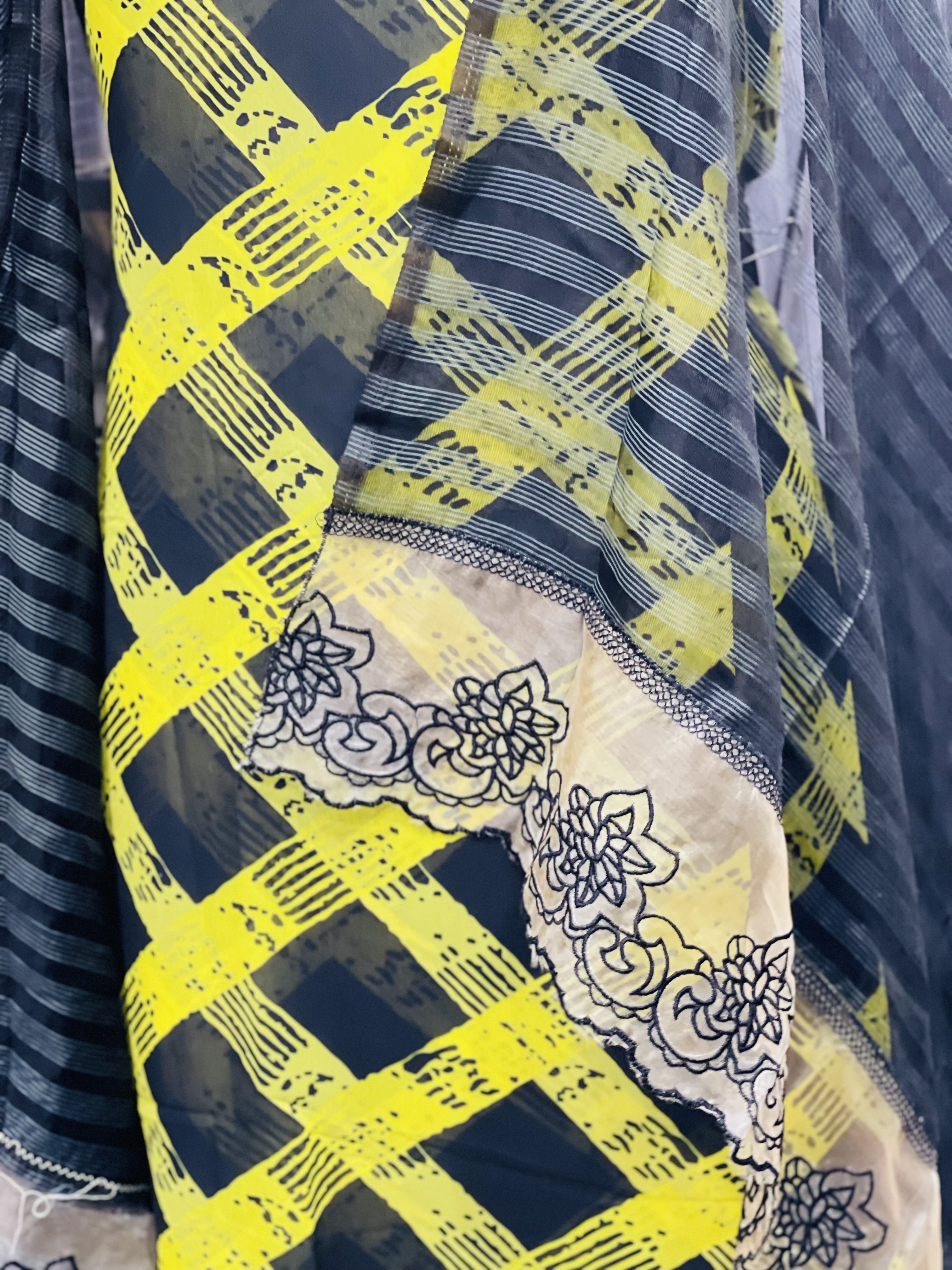 AC066 | Georgette|| Black+mehndi || Modern Yellow Checkered Dress