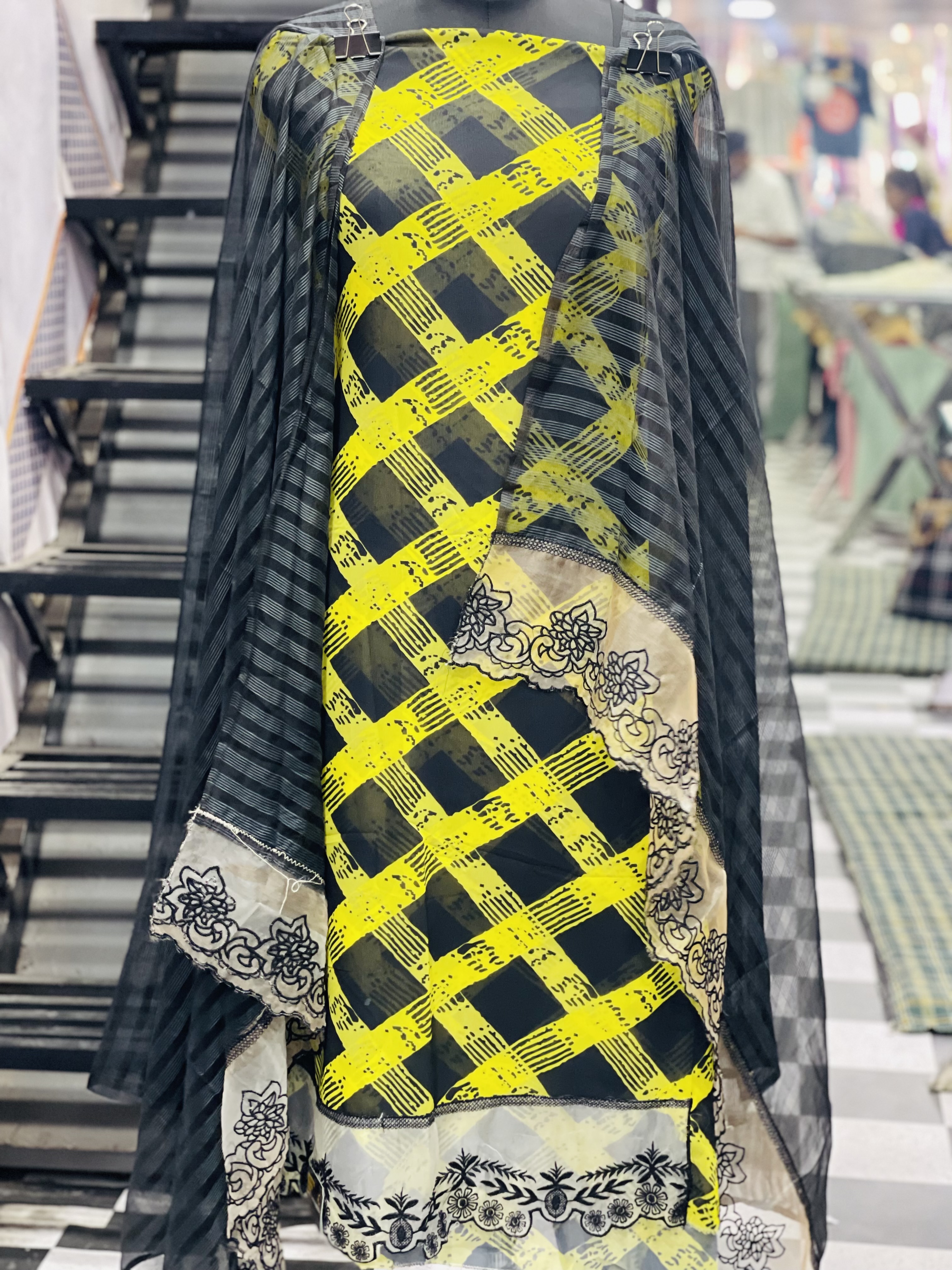 AC066 | Georgette|| Black+mehndi || Modern Yellow Checkered Dress