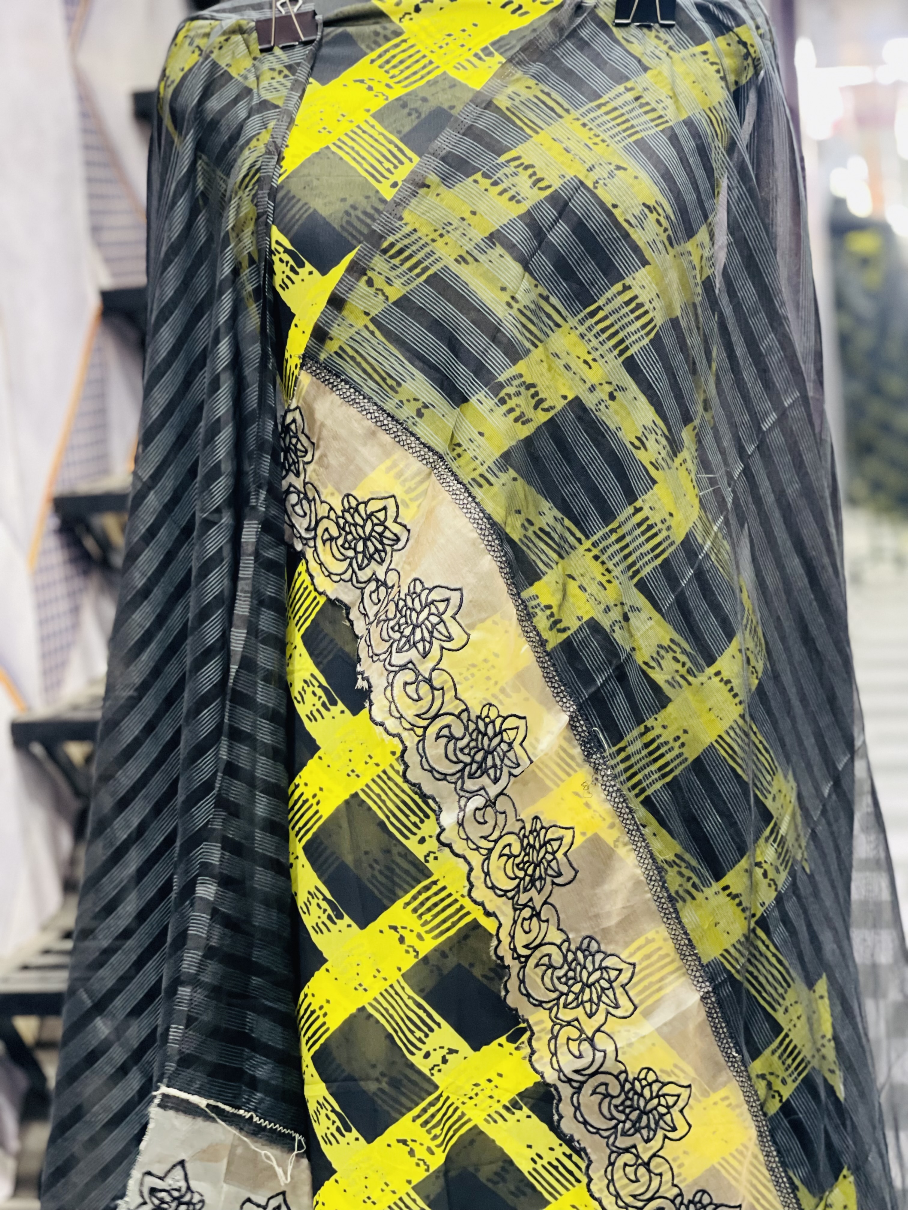 AC066 | Georgette|| Black+mehndi || Modern Yellow Checkered Dress