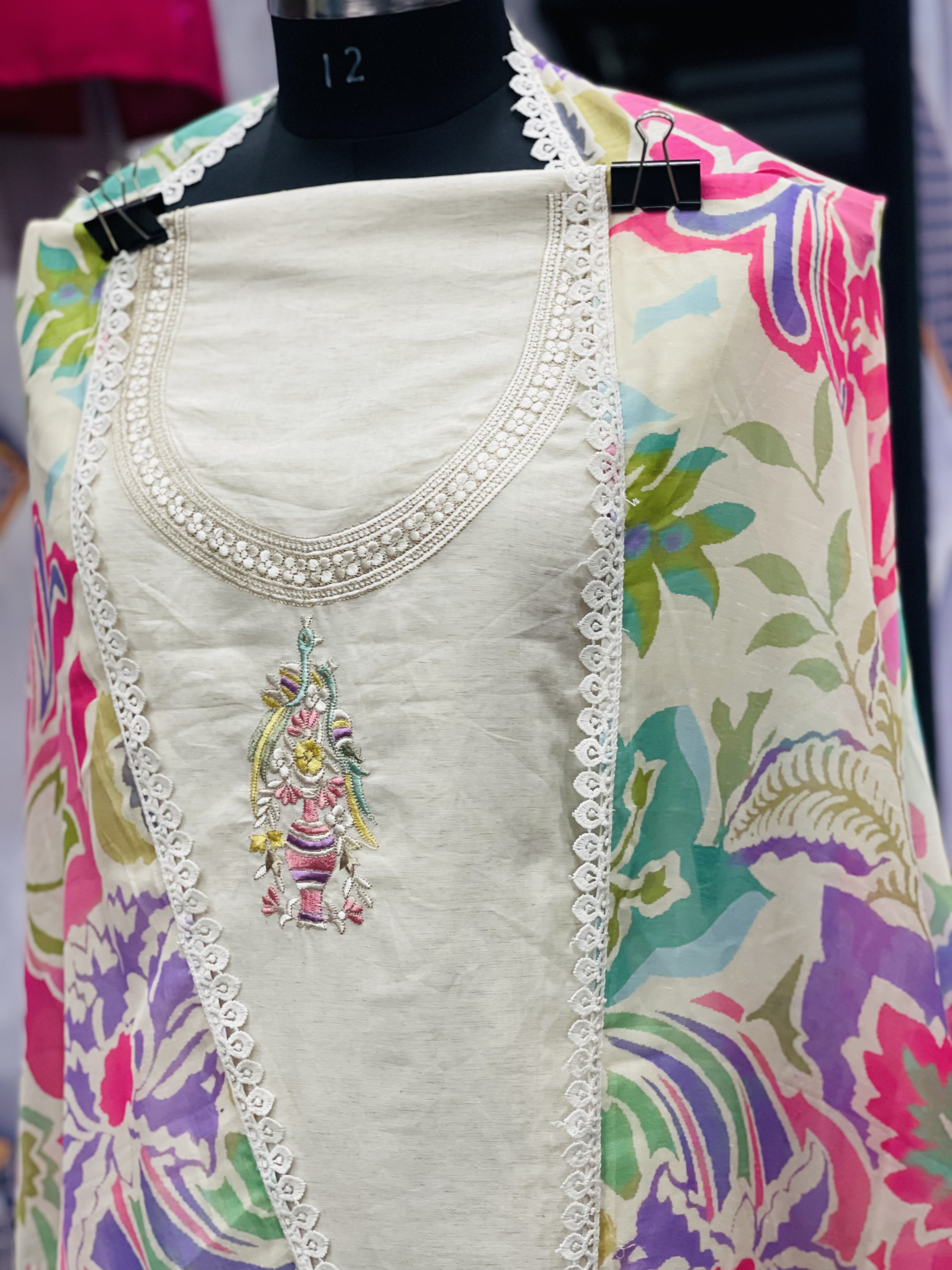 AC098 | Off White || Pure Khaadi || Digital Duppatta|| Thread Work || Embroidered Unstitched Suit Piece