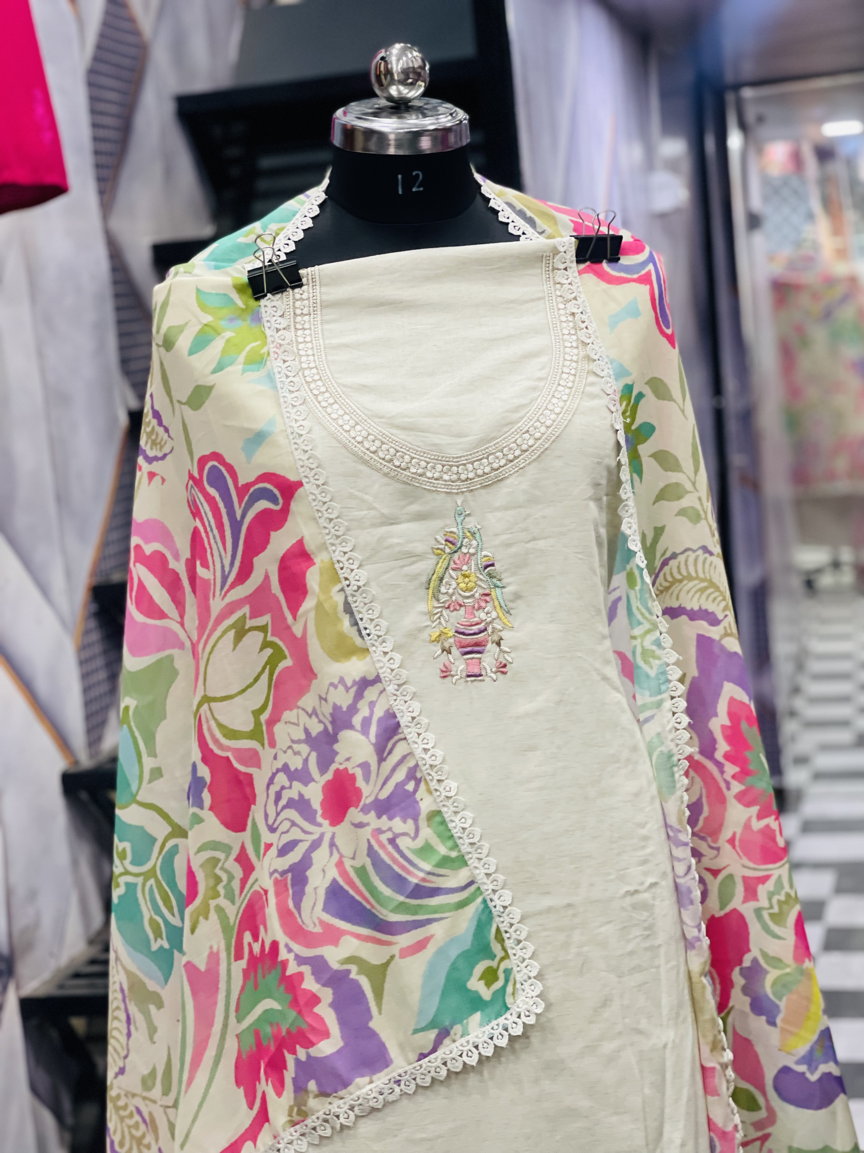  AC098 | Off White || Pure Khaadi || Digital Duppatta|| Thread Work || Embroidered Unstitched Suit Piece