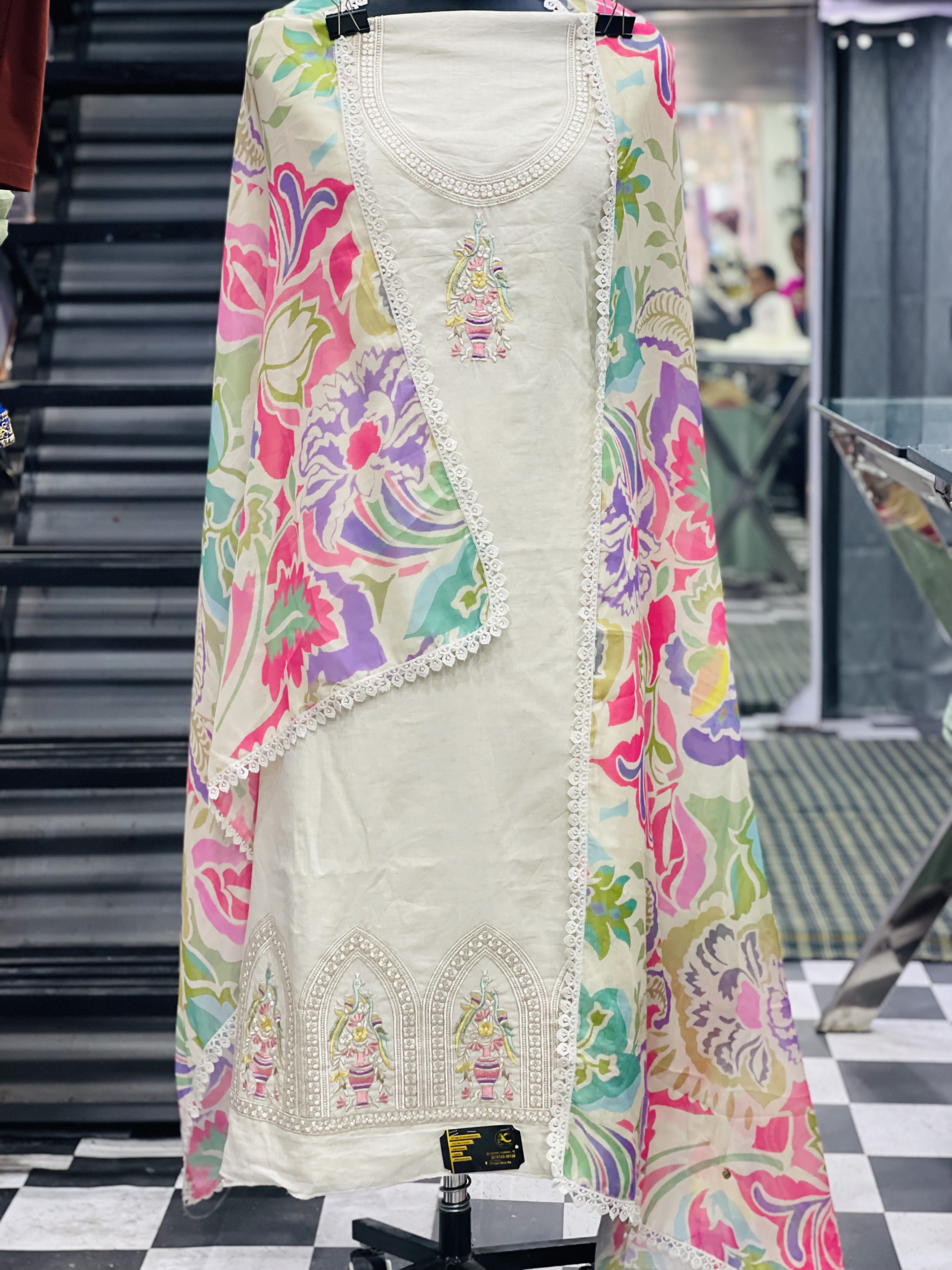  AC098 | Off White || Pure Khaadi || Digital Duppatta|| Thread Work || Embroidered Unstitched Suit Piece