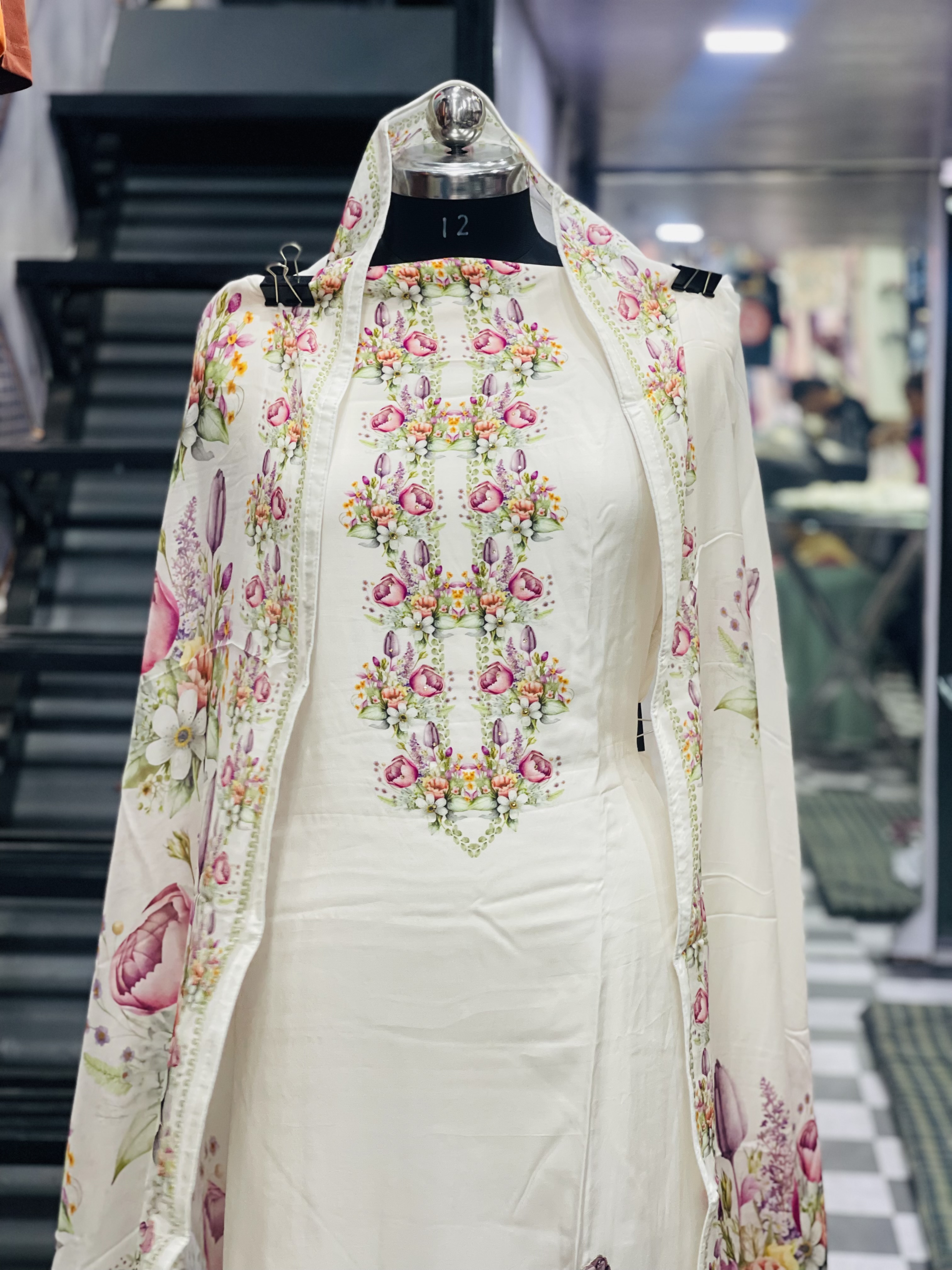  AC105 | Off White || Mashlen Cotton Suit || WIth Duppatta || Floral Embroidered Salwar Kameez Set