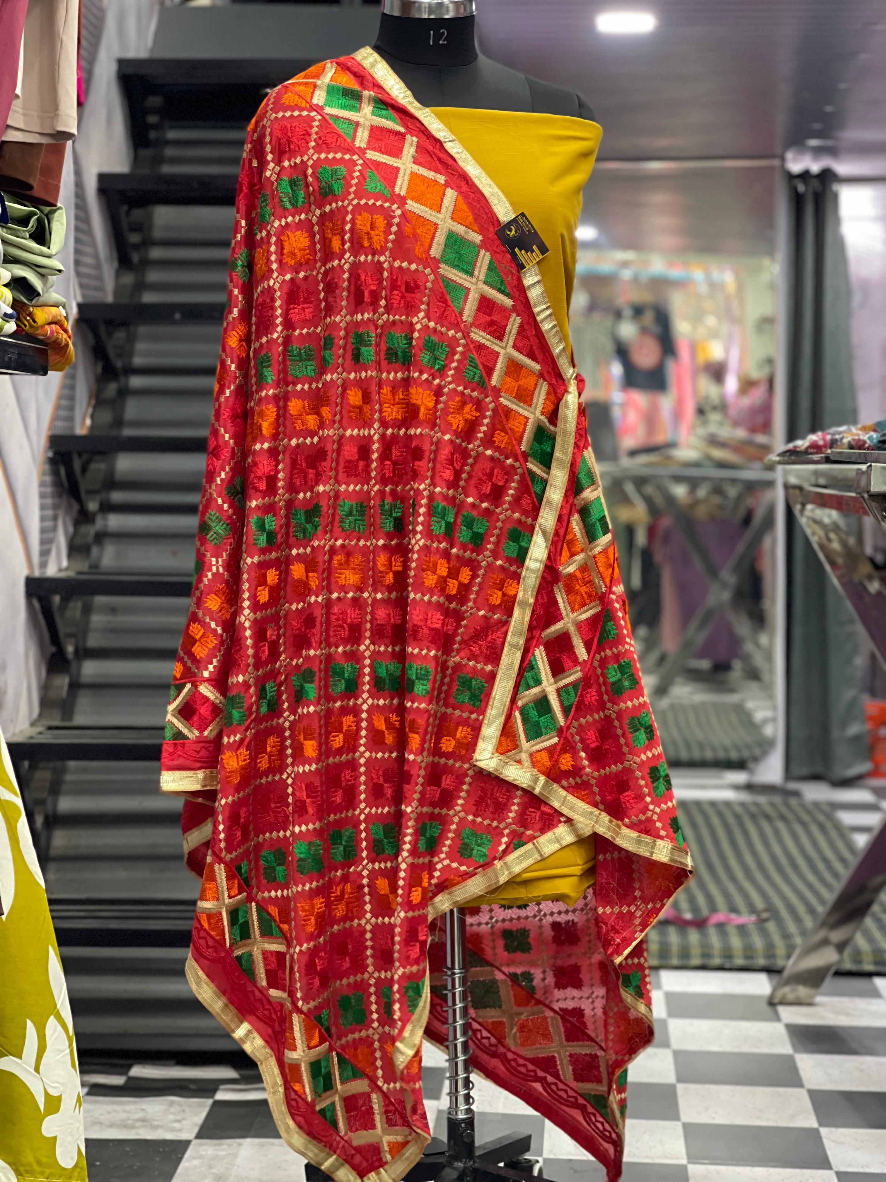  AC033 | Red Phulkari || Traditional Embroidered Dupatta
