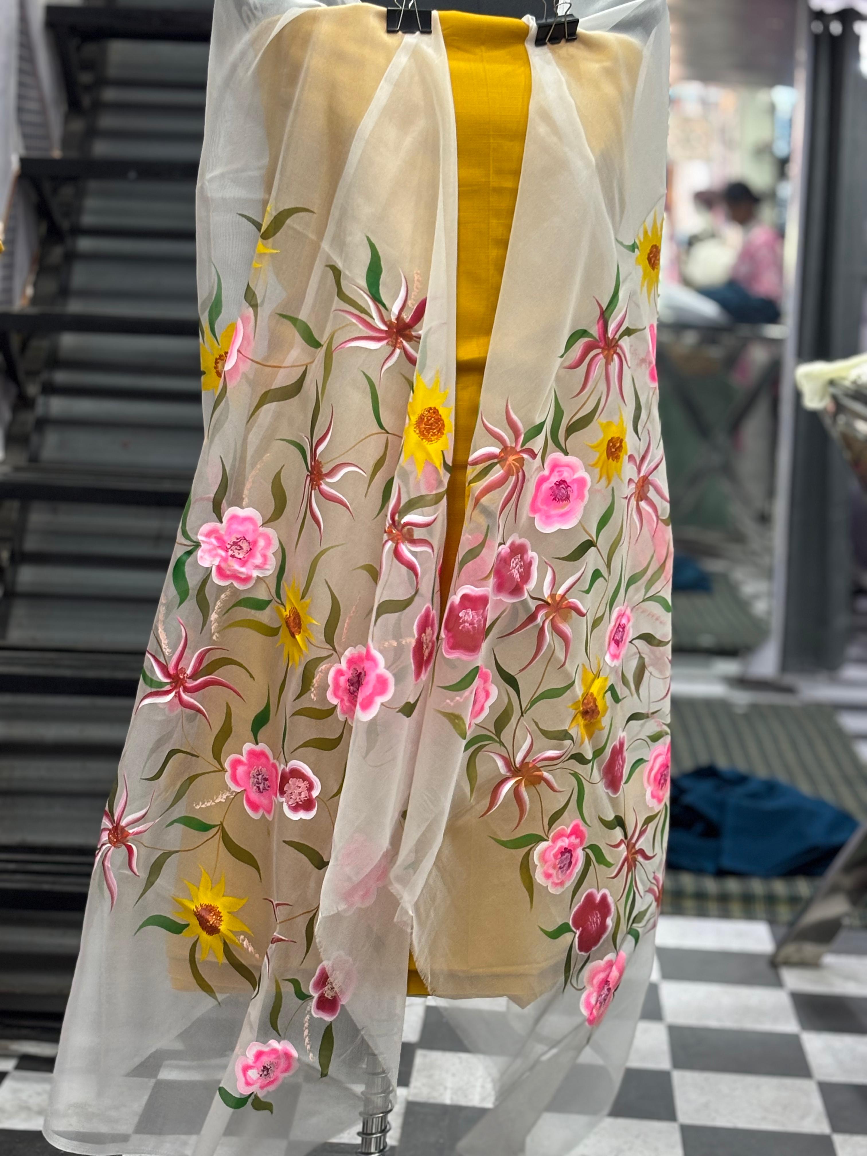 AC021 | Painted Duppatta || Floral Embroidered Organza Dupatta