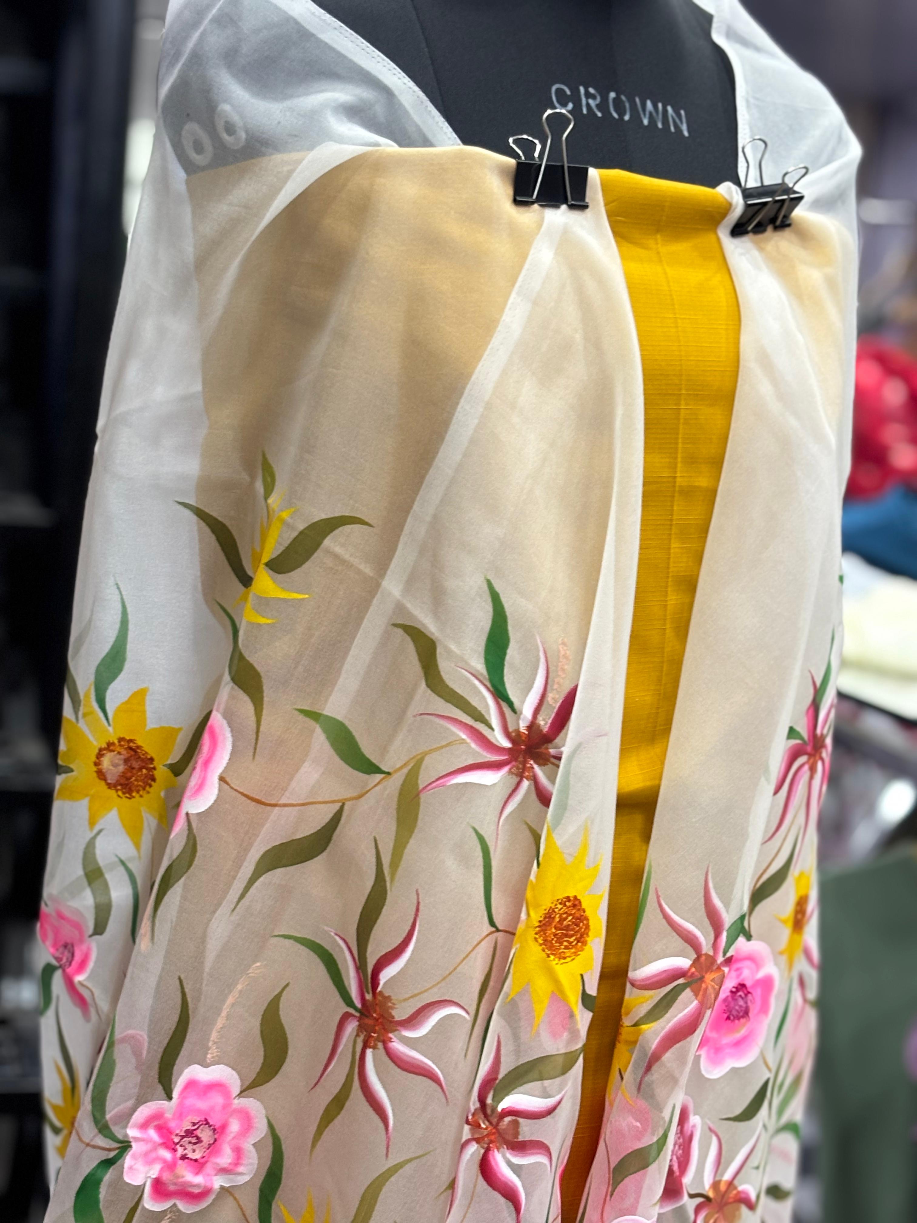  AC021 | Painted Duppatta || Floral Embroidered Organza Dupatta