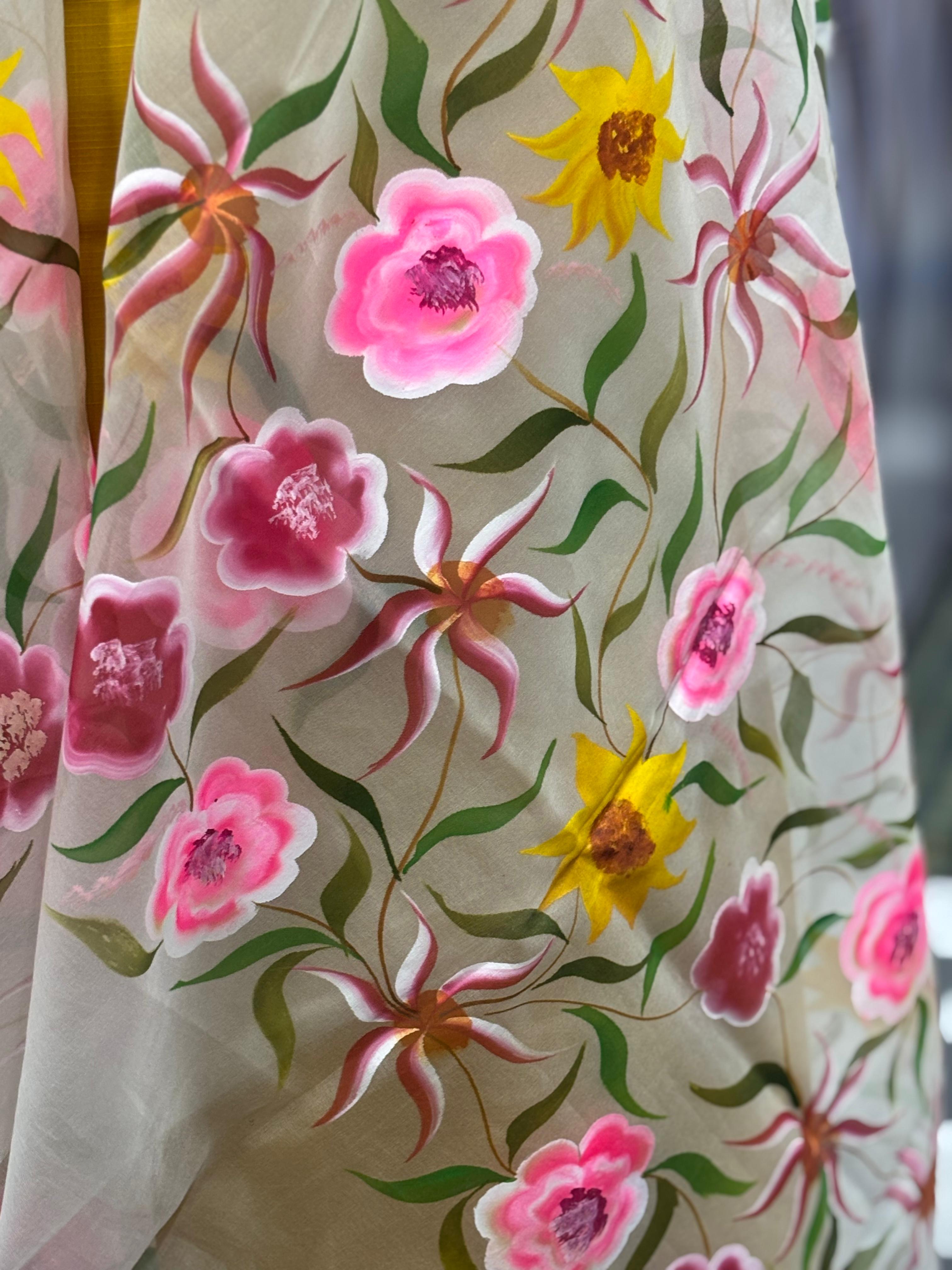  AC021 | Painted Duppatta || Floral Embroidered Organza Dupatta