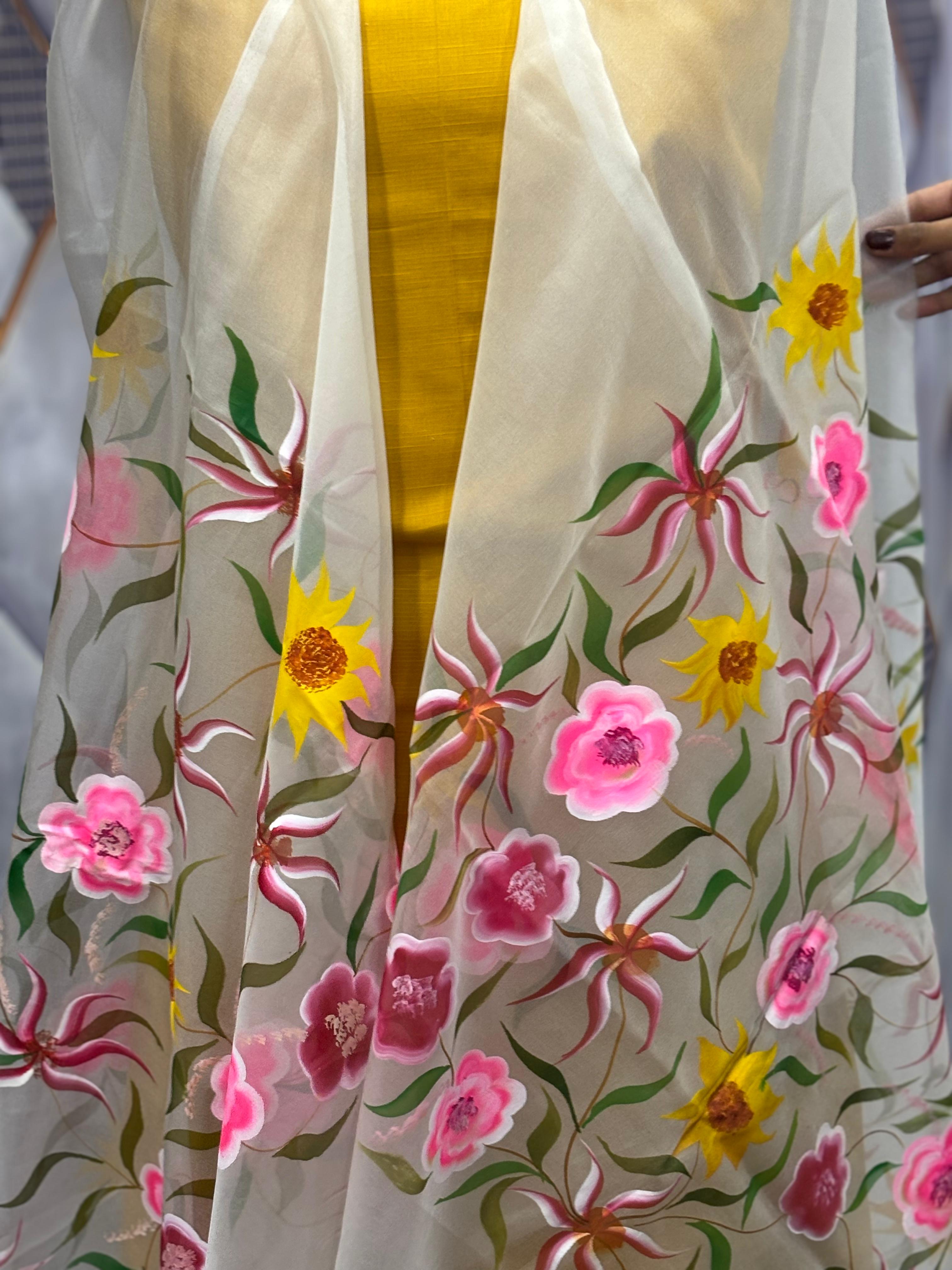  AC021 | Painted Duppatta || Floral Embroidered Organza Dupatta