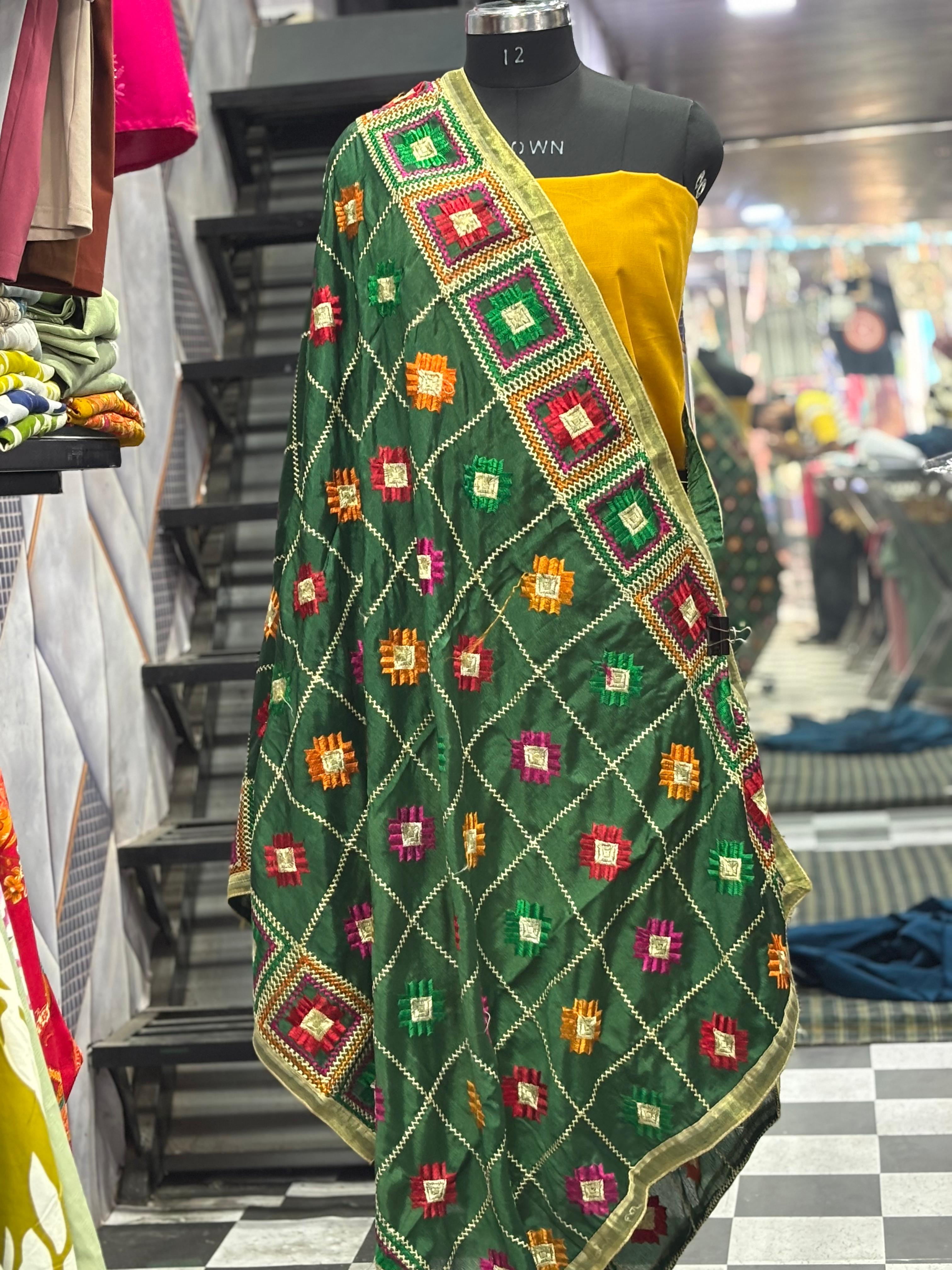  AC018 | Green Fhulkari Embroidered Green Dupatta ||  vibrant geometric patterns
