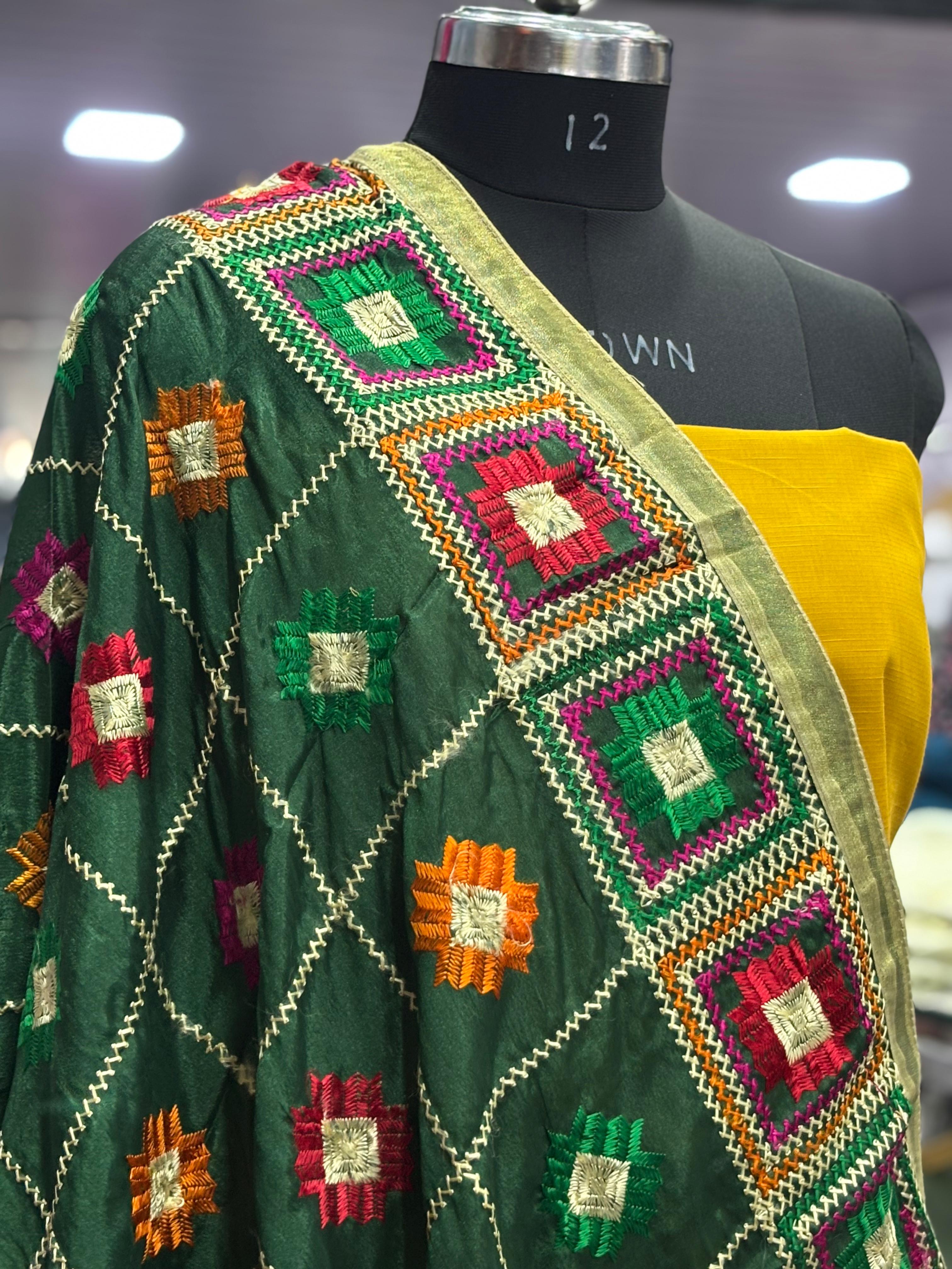 AC018 | Green Fhulkari Embroidered Green Dupatta ||  vibrant geometric patterns