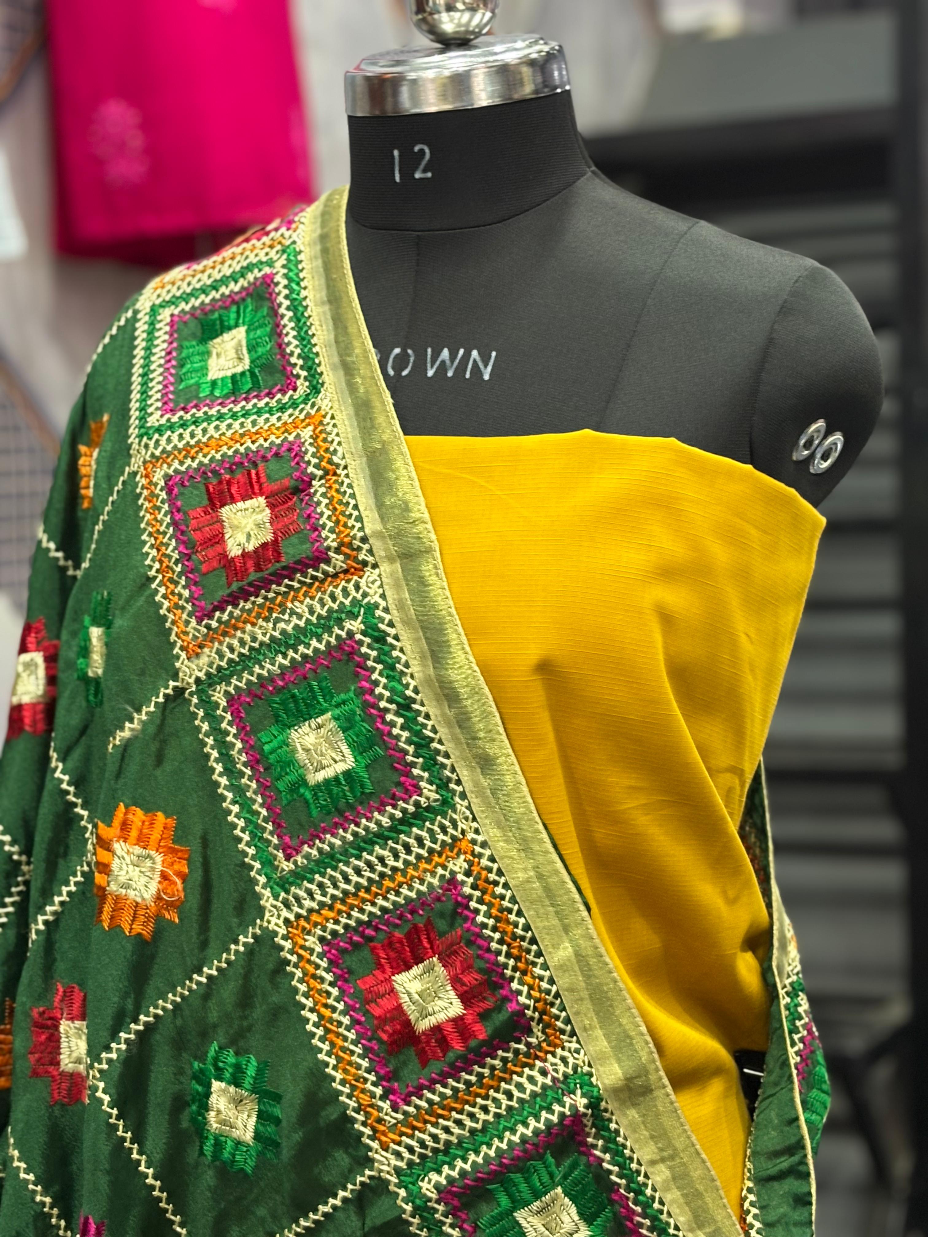  AC018 | Green Fhulkari Embroidered Green Dupatta ||  vibrant geometric patterns