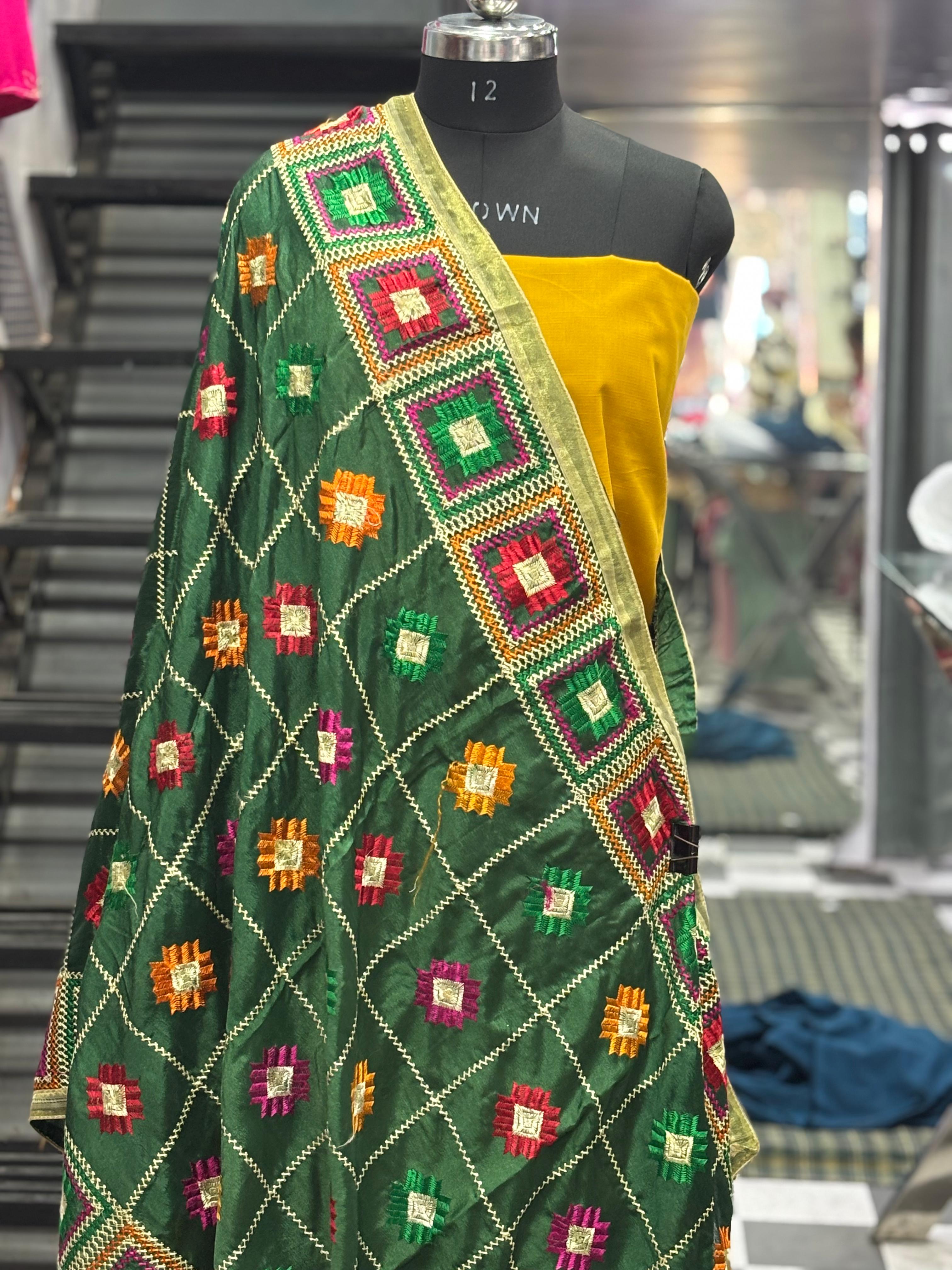  AC018 | Green Fhulkari Embroidered Green Dupatta ||  vibrant geometric patterns