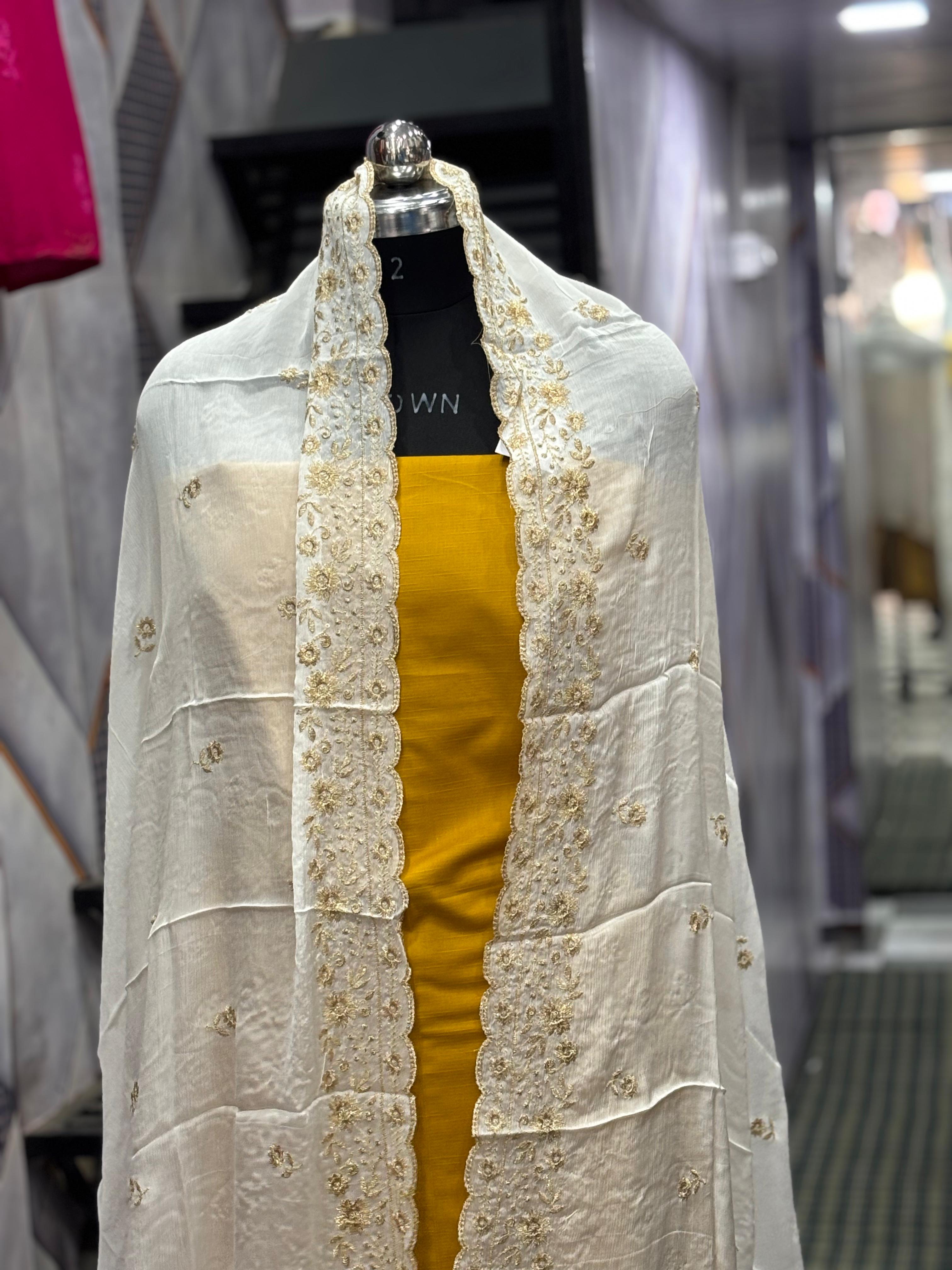  AC035 | Chinon Duppatta || Work Duppatta ||  Embroidered White Dupatta
