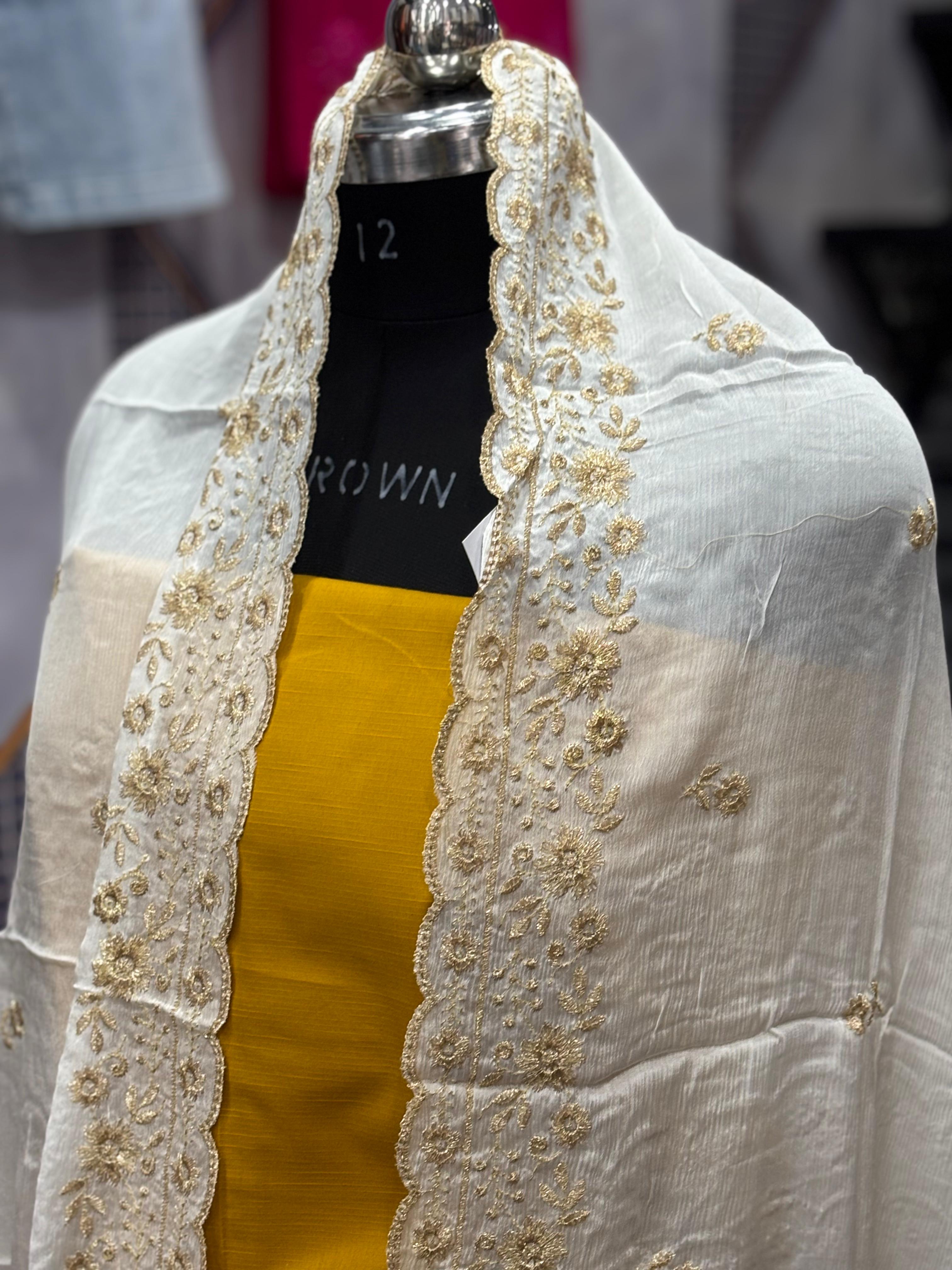  AC035 | Chinon Duppatta || Work Duppatta ||  Embroidered White Dupatta