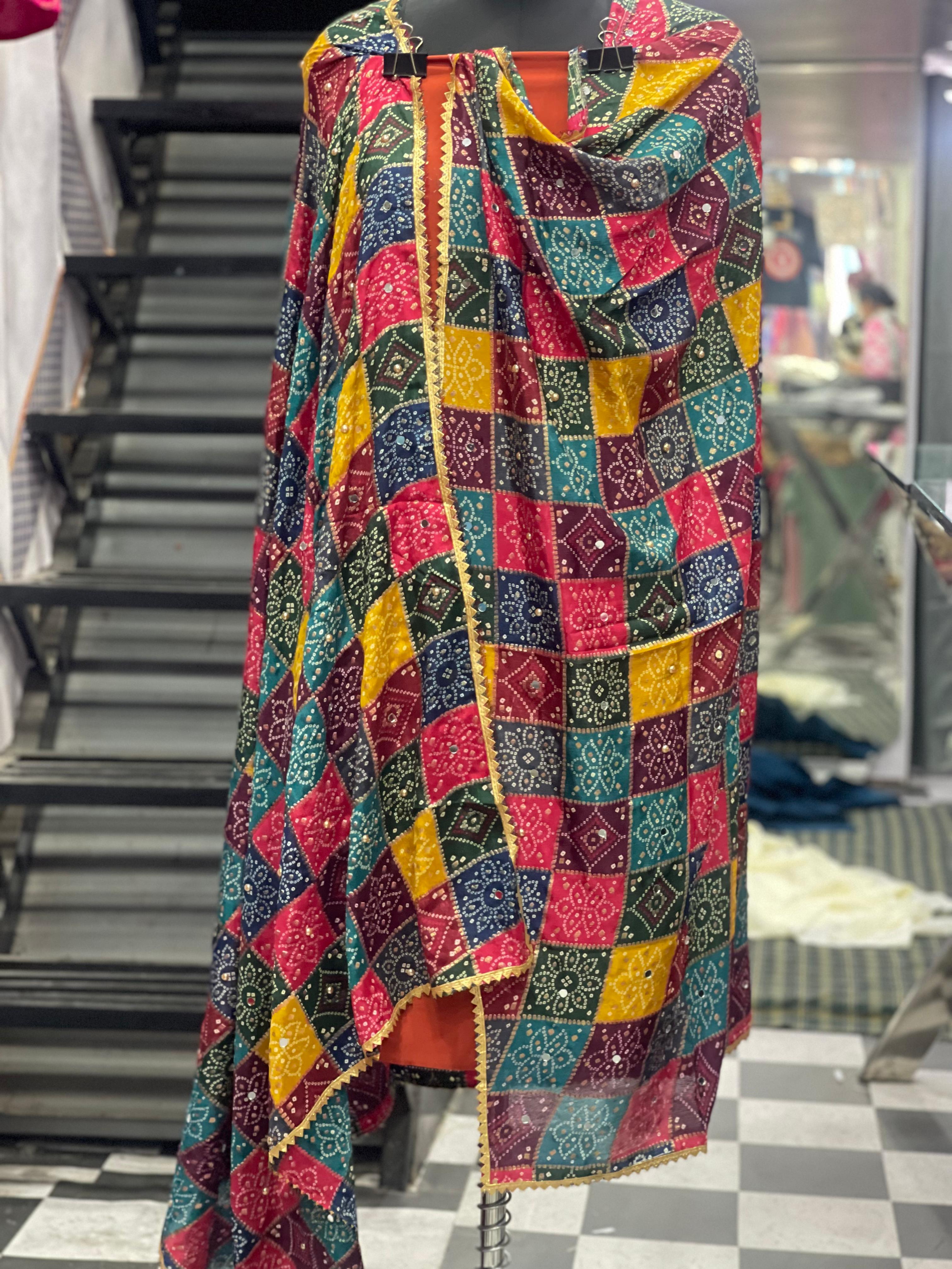 AC007 | Digital Duppatta || Thread Work || Traditional Bandhani Printed Fabric