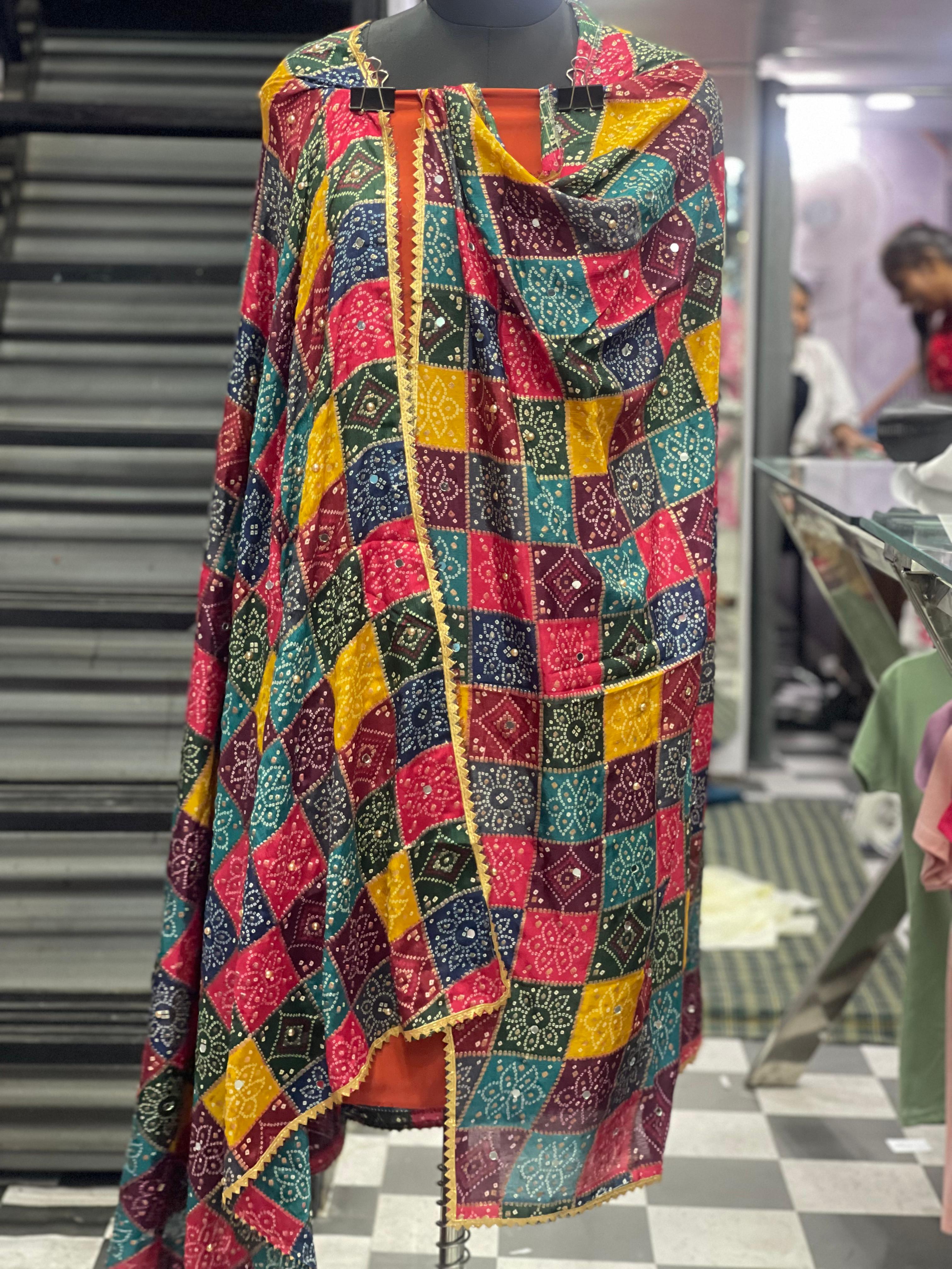 AC007 | Digital Duppatta || Thread Work || Traditional Bandhani Printed Fabric