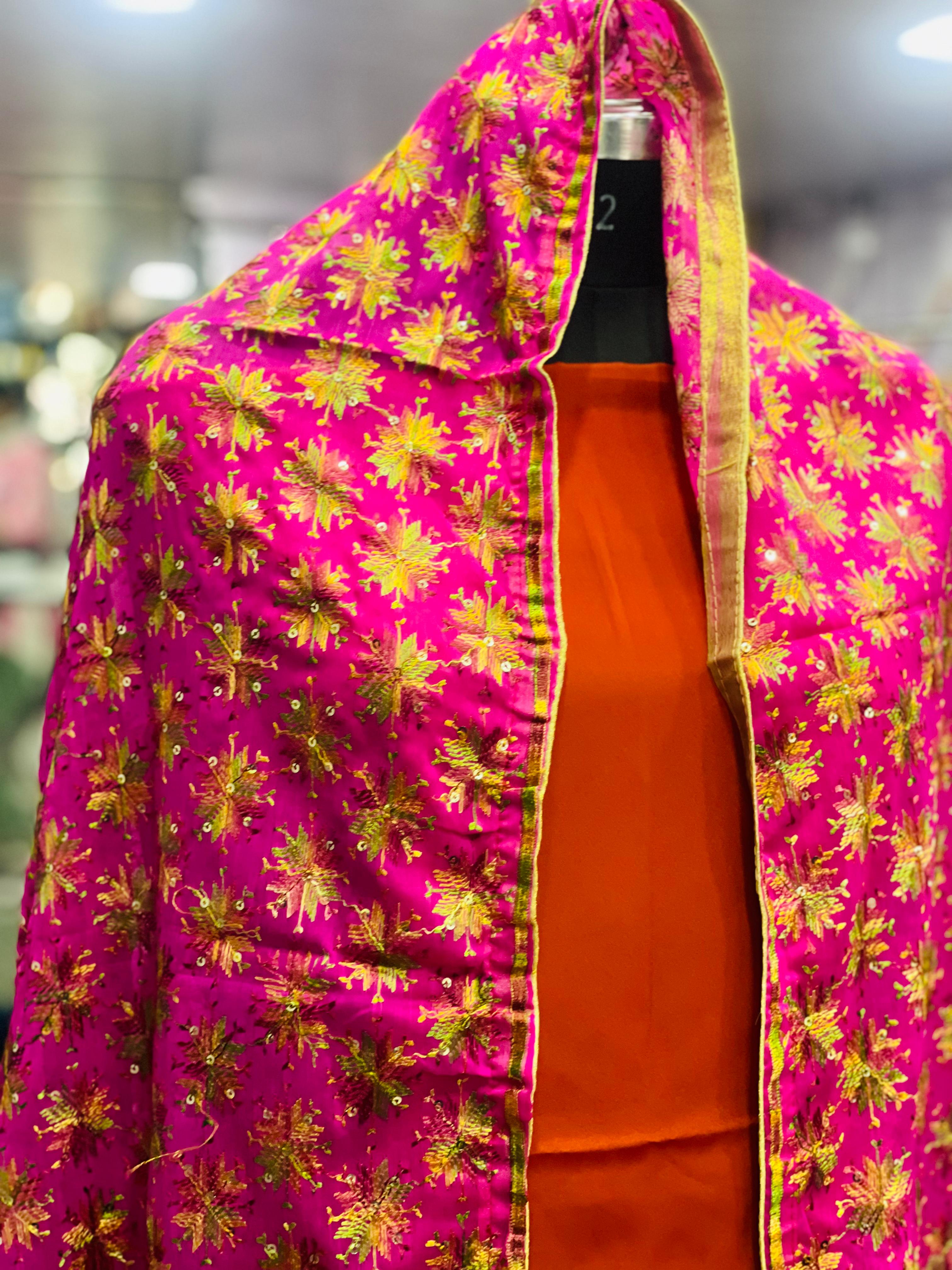 AC009 | Digital Duppatta || Embroidered Pink || Gold Shawl