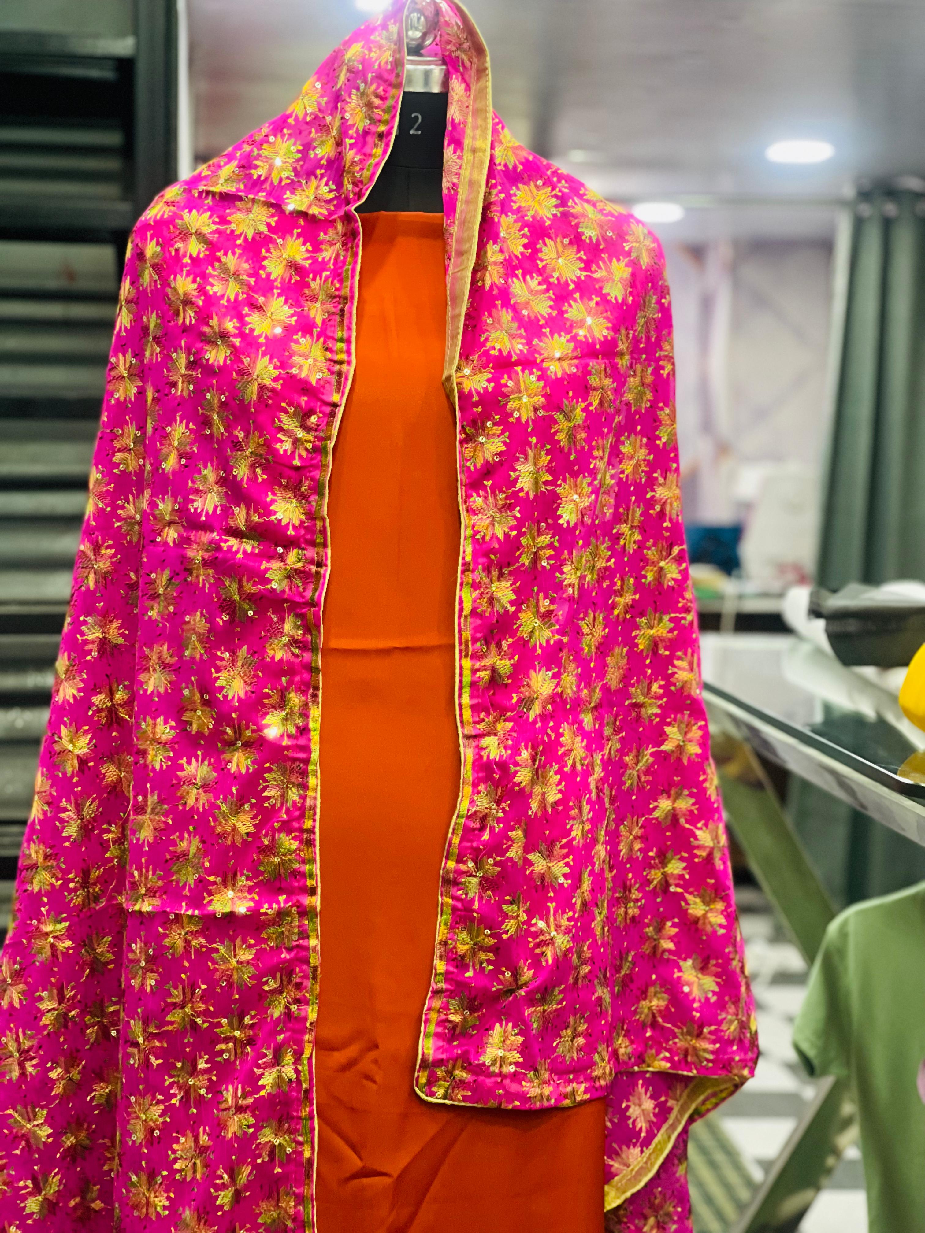 AC009 | Digital Duppatta || Embroidered Pink || Gold Shawl