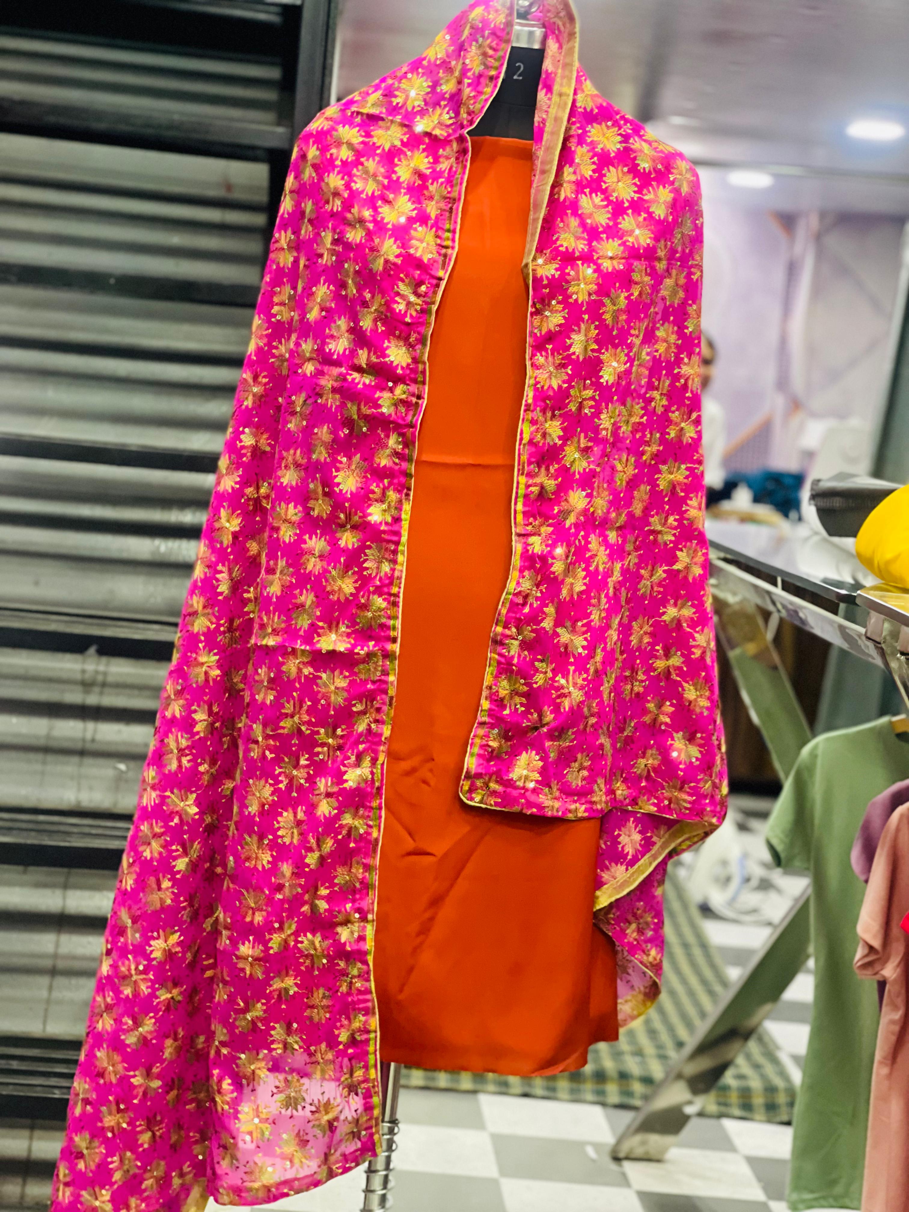 AC009 | Digital Duppatta || Embroidered Pink || Gold Shawl