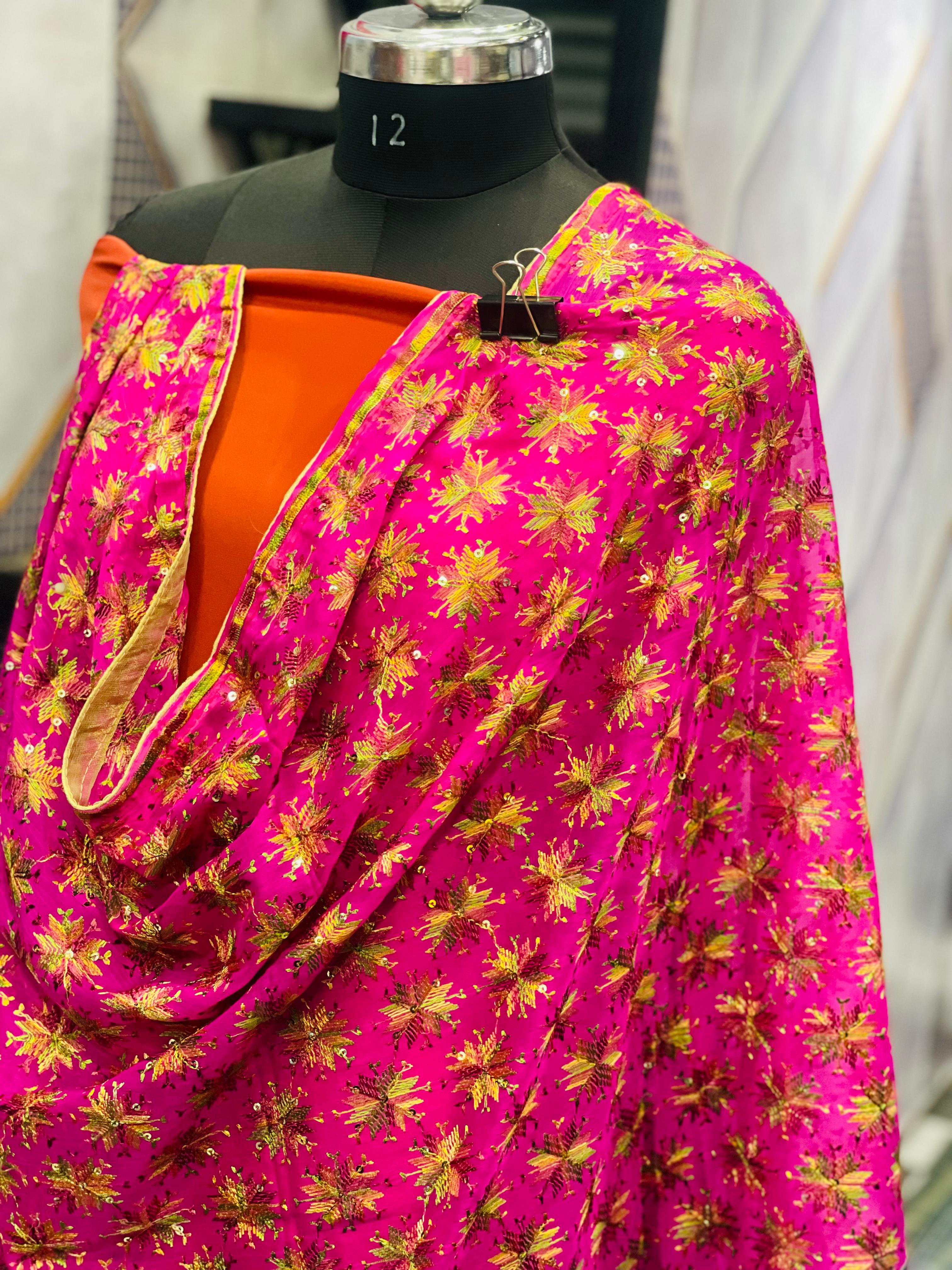 AC009 | Digital Duppatta || Embroidered Pink || Gold Shawl