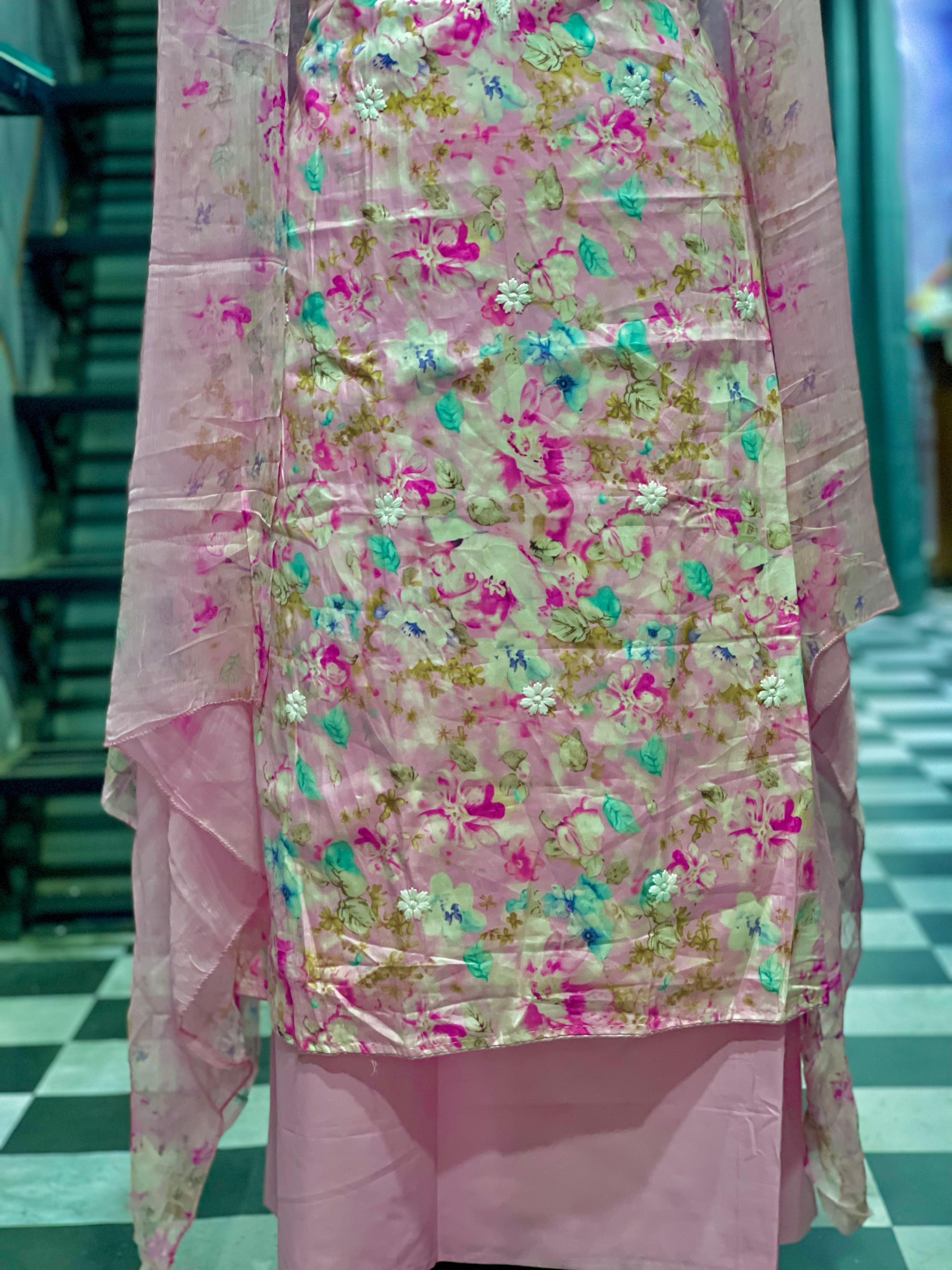  AC059 |  Thread Work || Cotton Suit || Printed Suit || Casual Wear || Jaggo || Ring Ceremony || Elegant Floral Printed Pink Dress