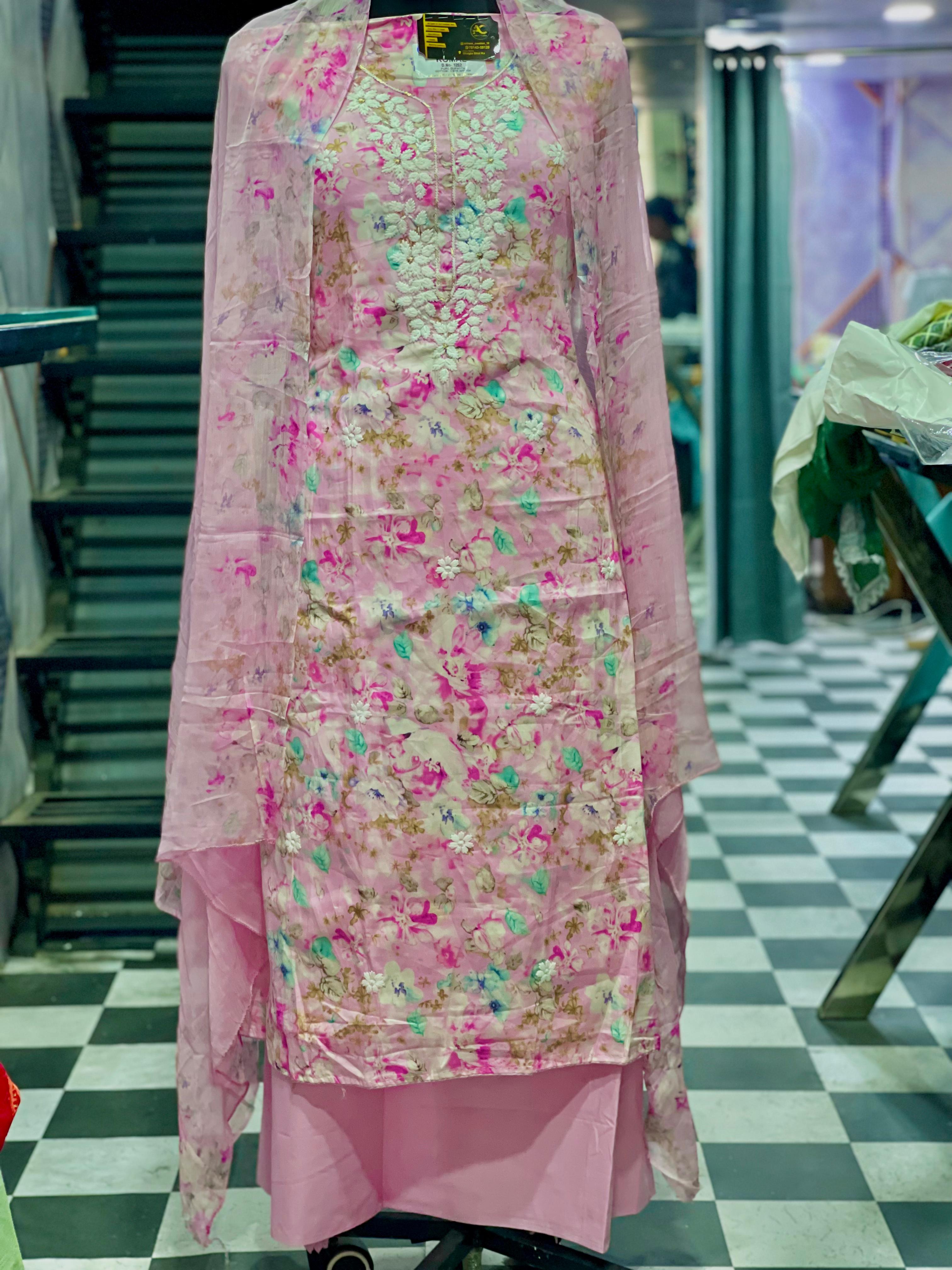  AC059 |  Thread Work || Cotton Suit || Printed Suit || Casual Wear || Jaggo || Ring Ceremony || Elegant Floral Printed Pink Dress