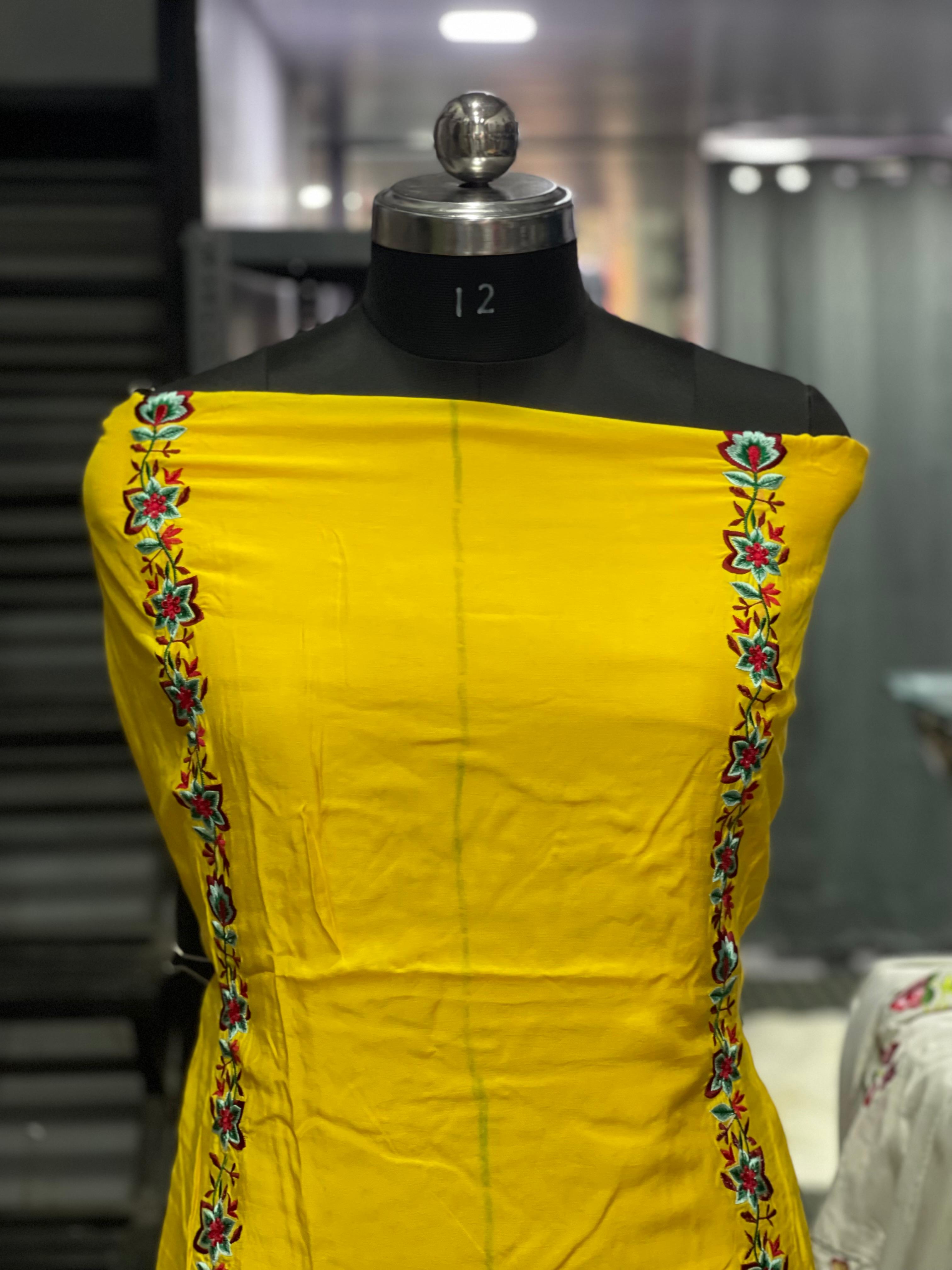 AC084 | Medol Suit || Yellow Suit || Thread Work Suit || Party Wear Suit || Jaggo  ||   Yellow Embroidered Dress Fabric